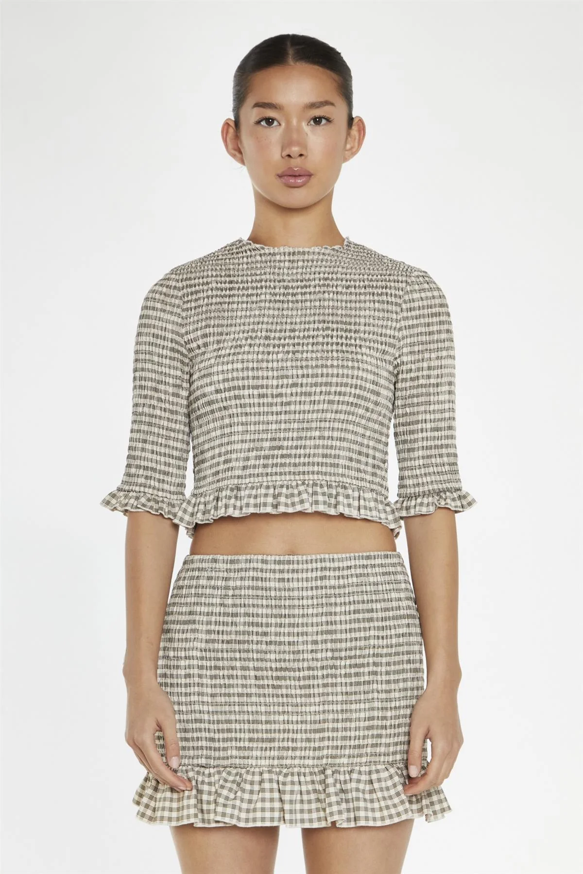 Beige-Black Check Shirred Mini-Skirt - Image 3