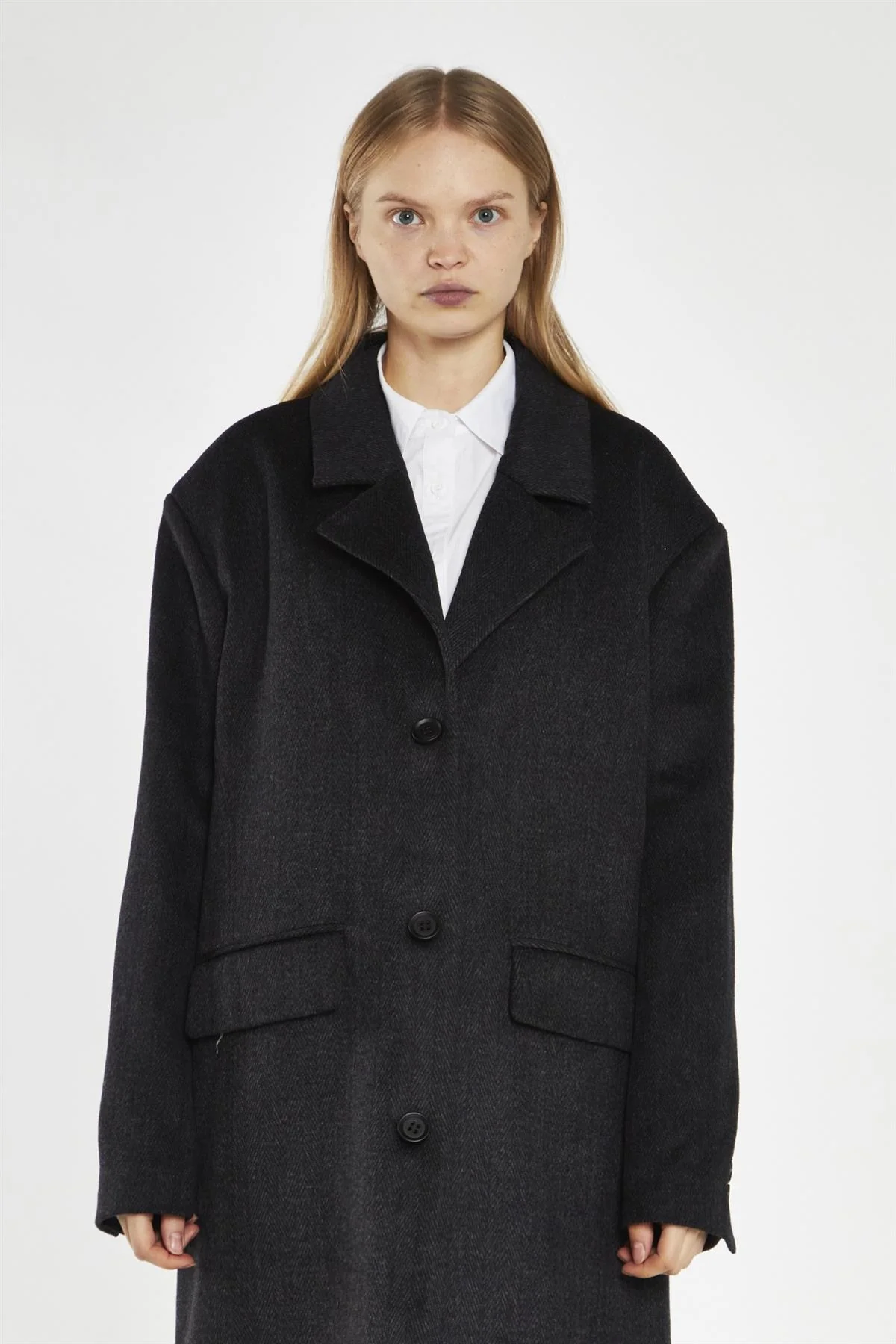 Black Herringbone Oversized Longline-Coat - Image 3