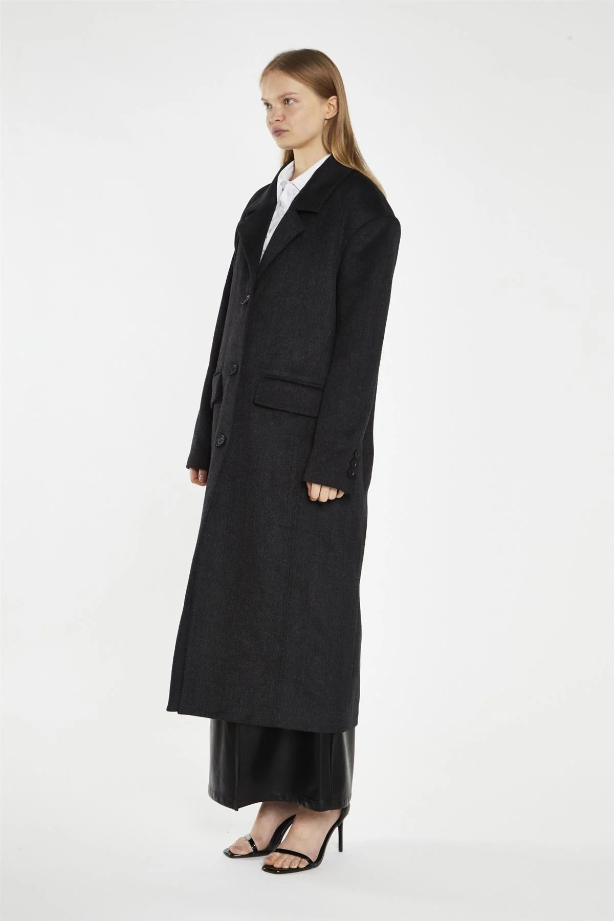 Black Herringbone Oversized Longline-Coat - Image 4