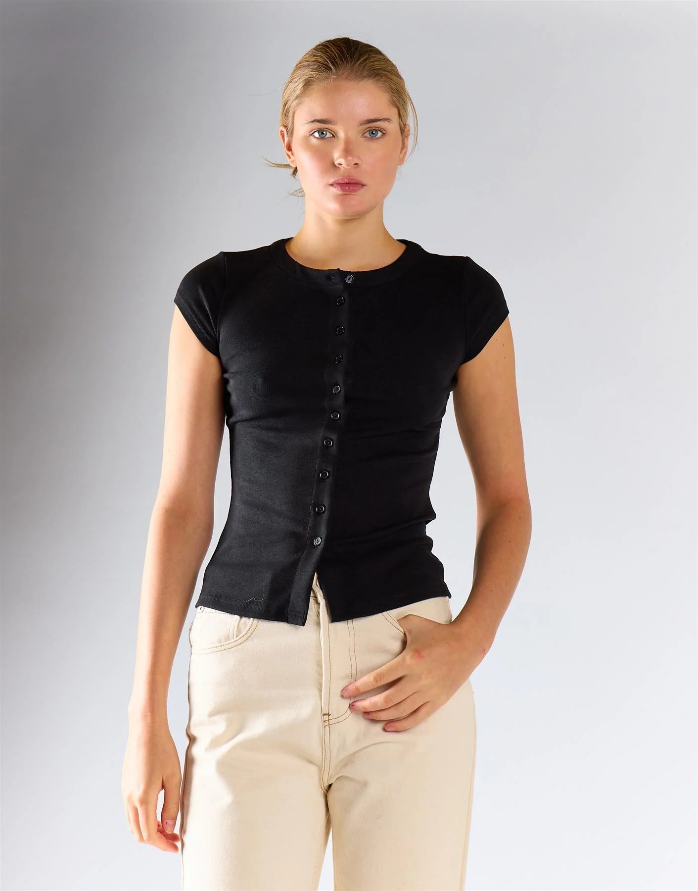 Black Knitted Button Front Top