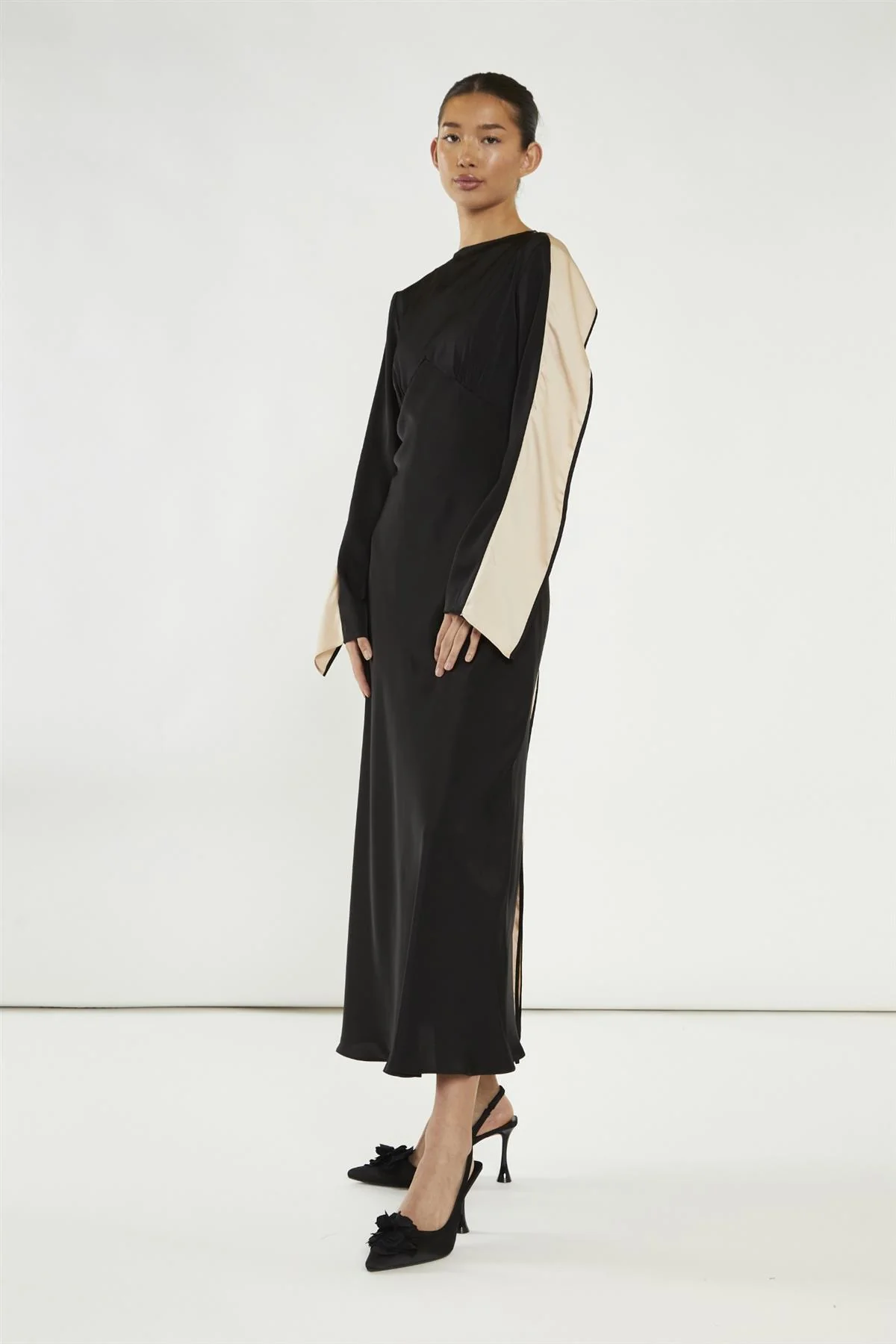 Black-Nude Waterfall Ruffle Maxi-Dress - Image 6