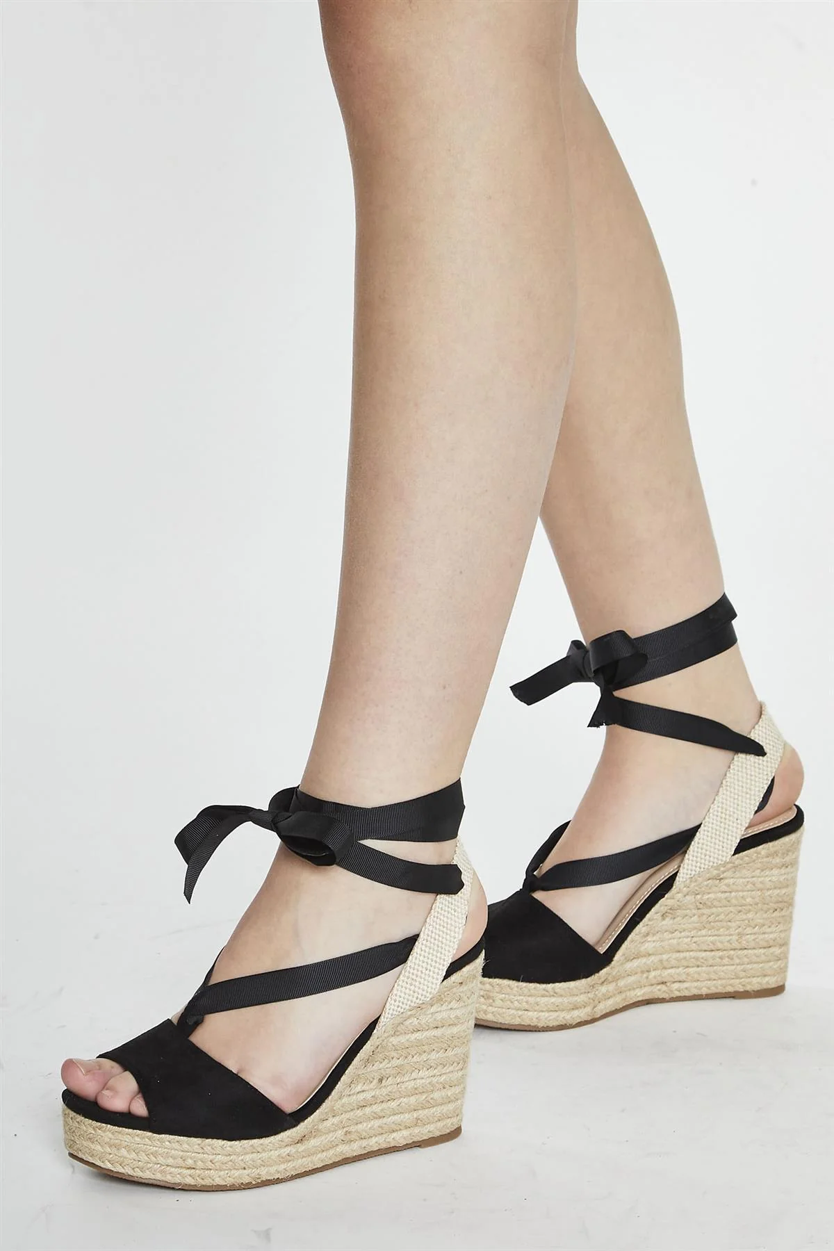 Black Open Toe Lace Up Heeled Wedges - Image 2