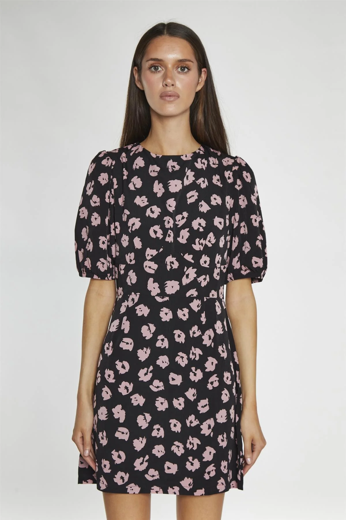 Black Pink Splodge Round Neck Mini Drerss - Image 3
