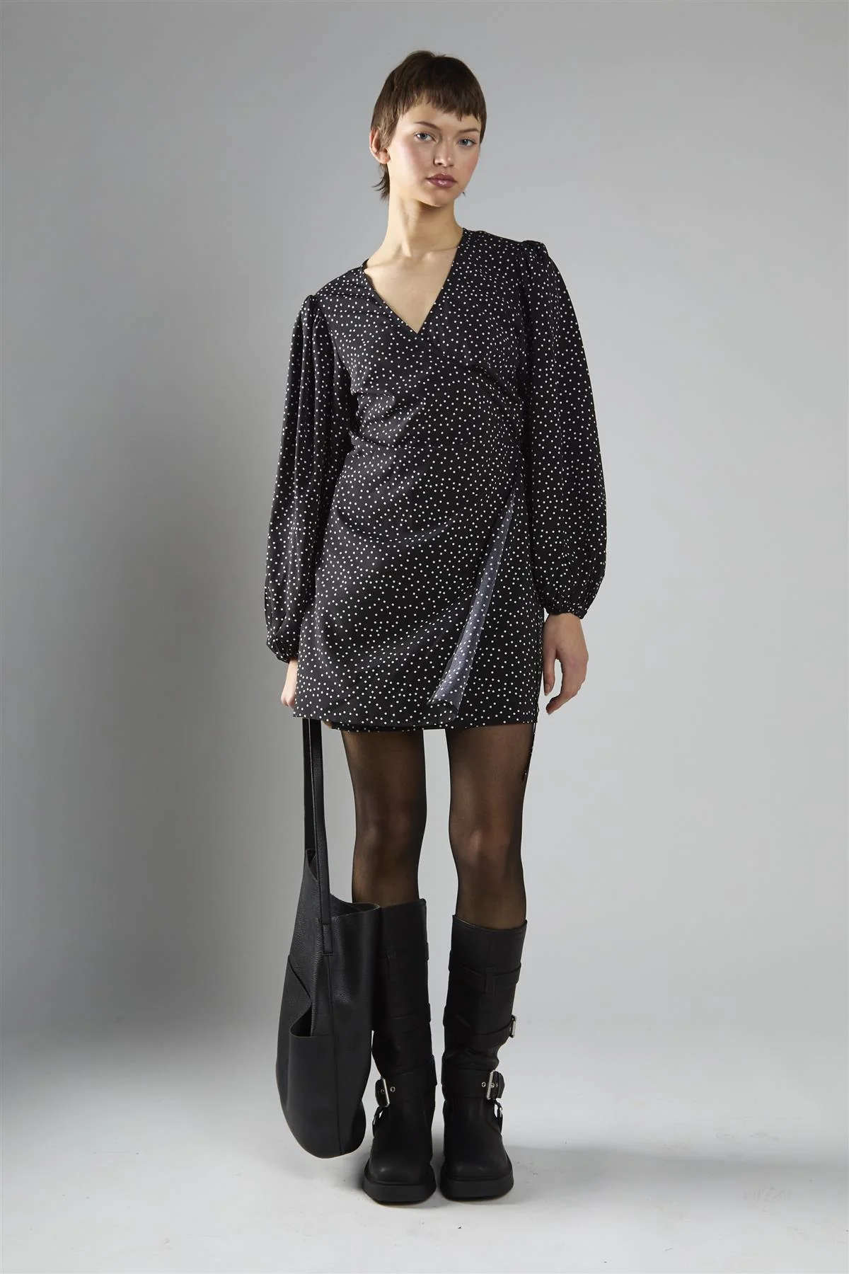 Black Polka Dot Wrap Mini Dress