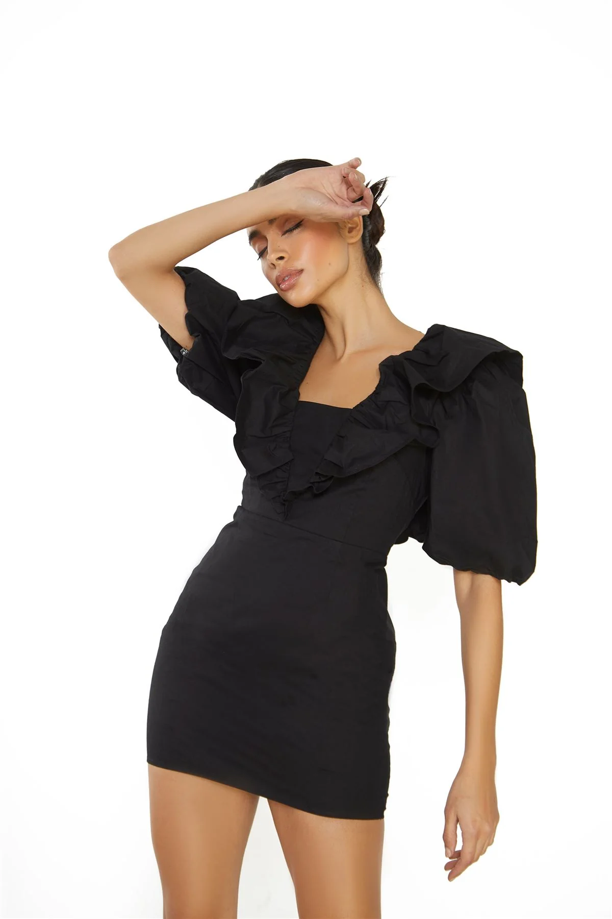 Black Ruffle Puff Shoulder Mini Dress - Image 3