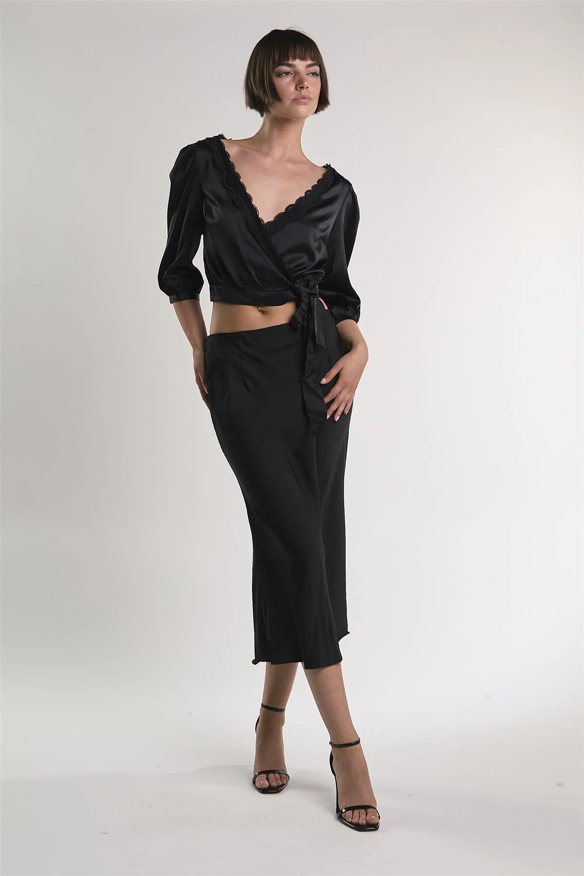 Black Satin-Crossover-Tie Crop-Top