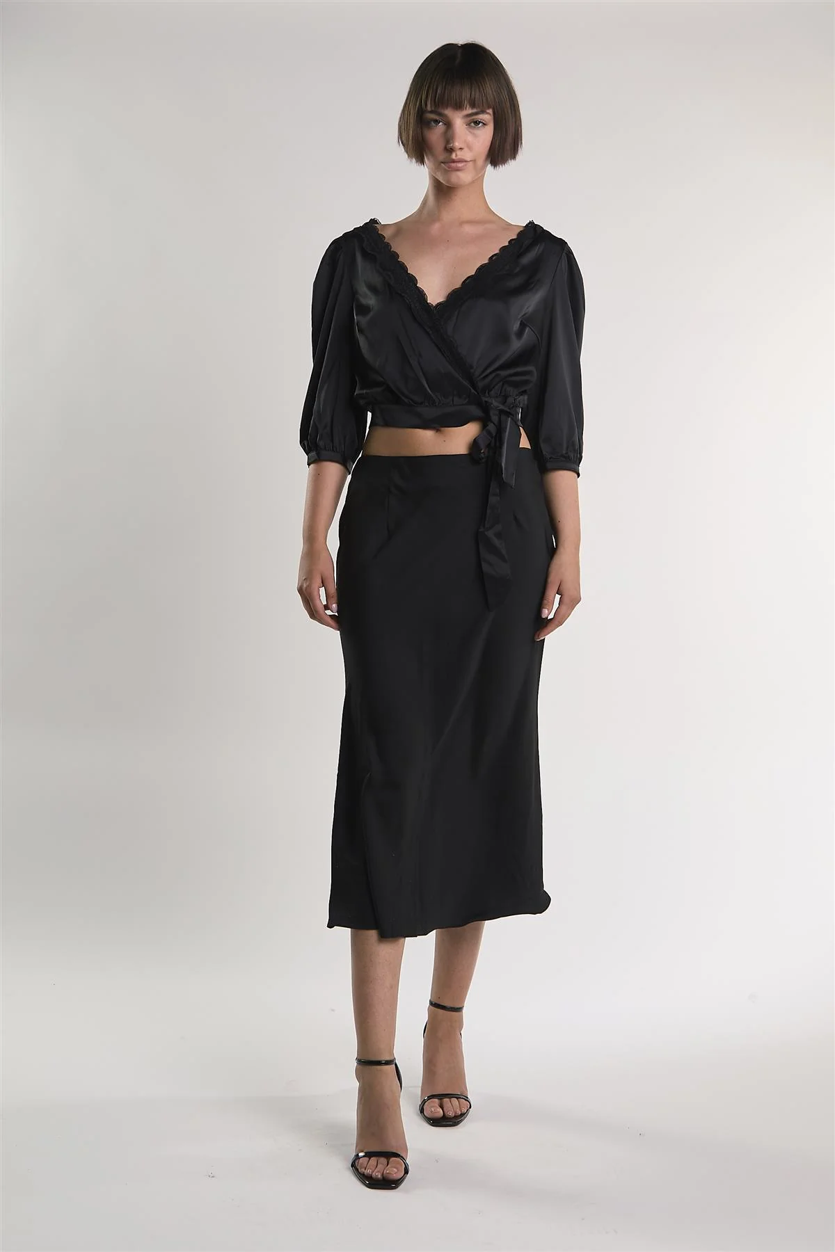 Black Satin-Crossover-Tie Crop-Top - Image 5