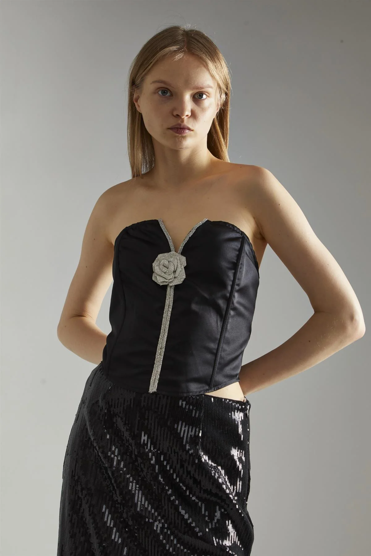 Black-Satin Rhinestone-Flower Strapless Top - Image 3