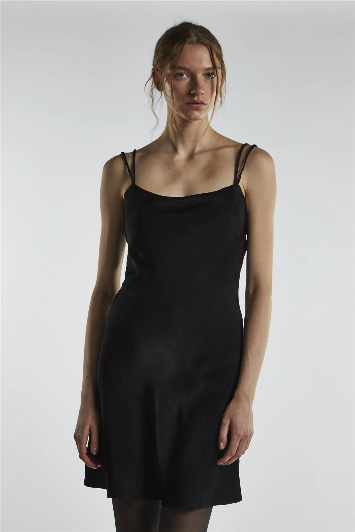 Black Satin Strappy Mini-Dress - Image 3