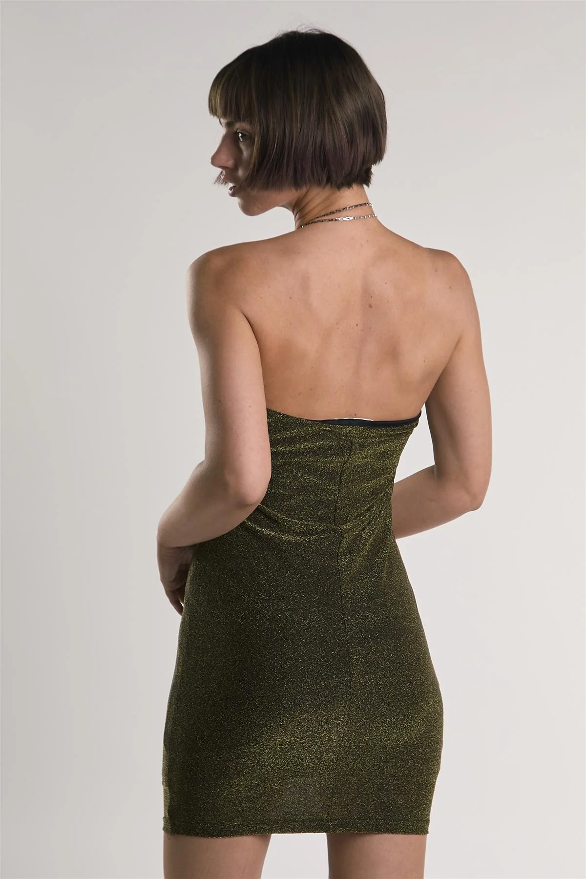 Black-Silver-Glitter Chain-Halter-Neck Mini Dress - Image 2