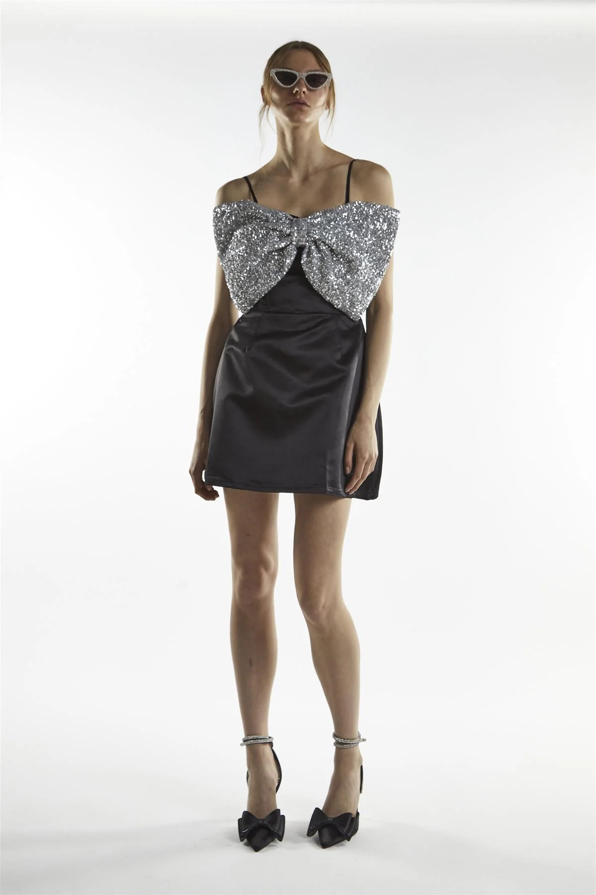 Black Silver Sequin Bow Mini-Dress
