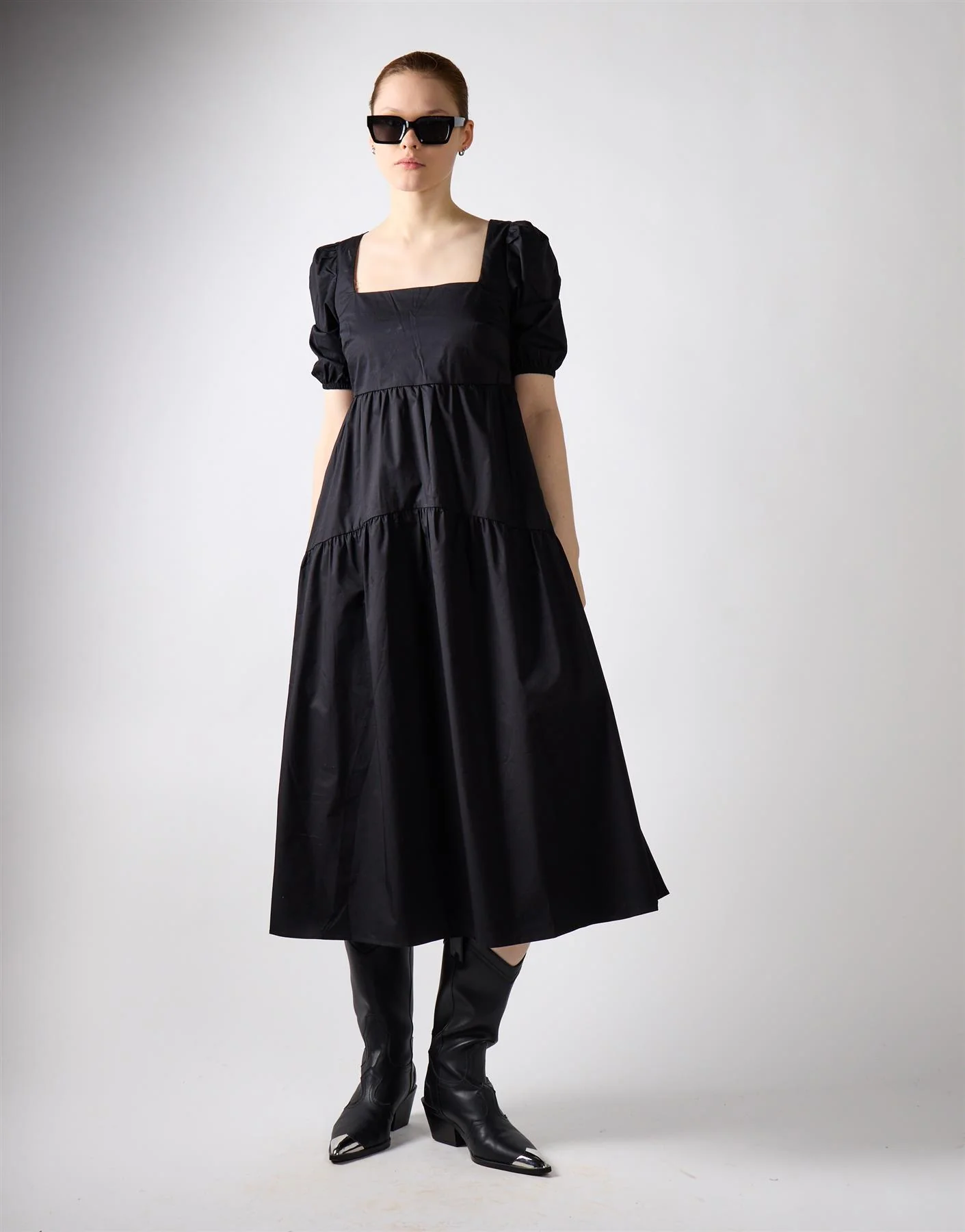 Black Square Neck Puff Sleeve Midi Dress