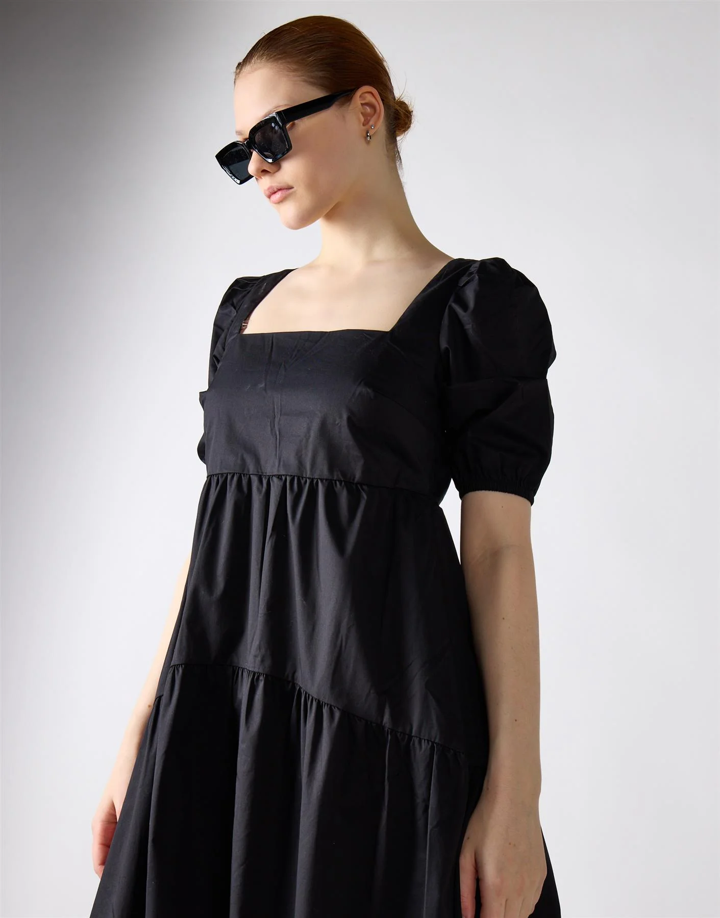 Black Square Neck Puff Sleeve Midi Dress - Image 3