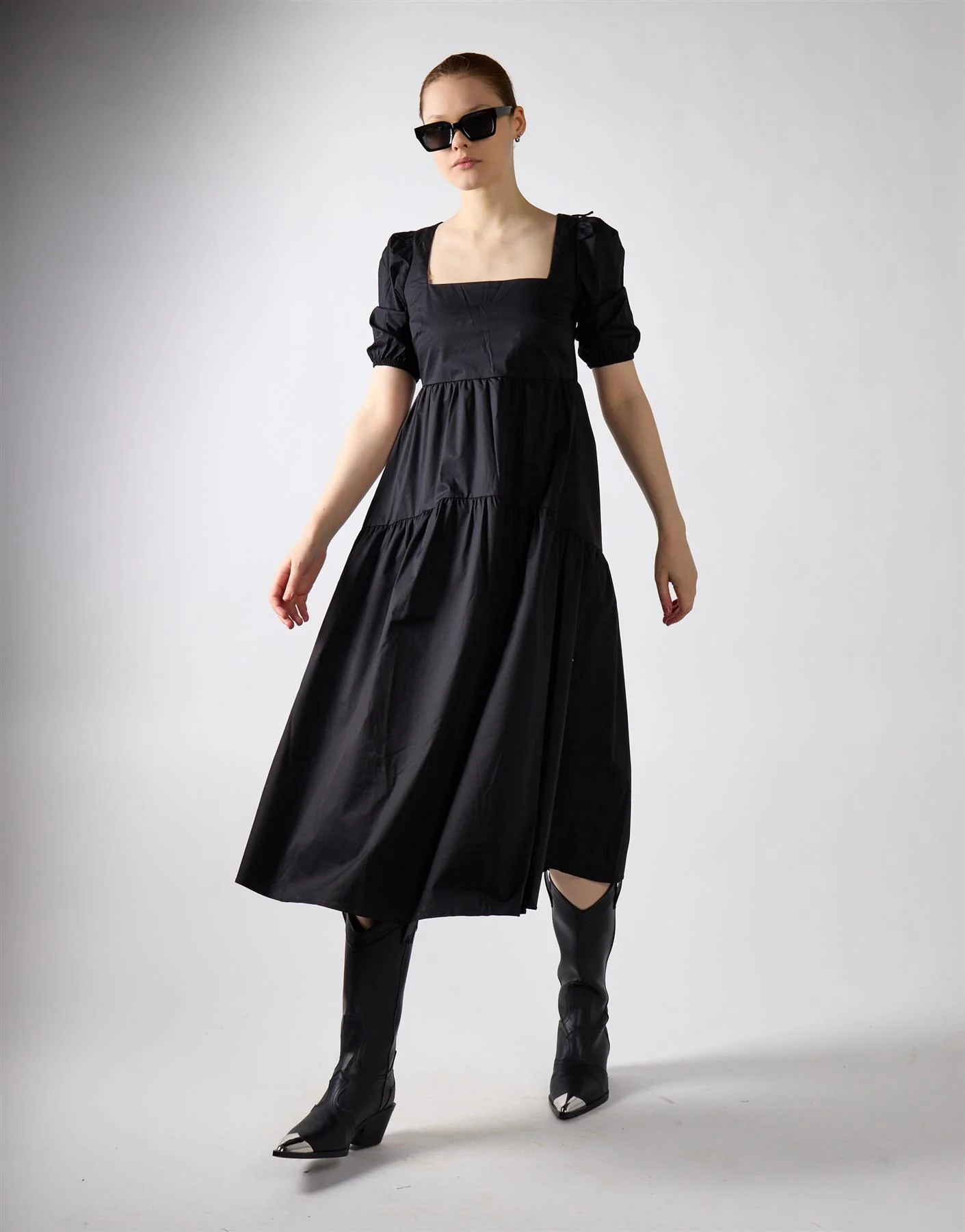 Black Square Neck Puff Sleeve Midi Dress - Image 4