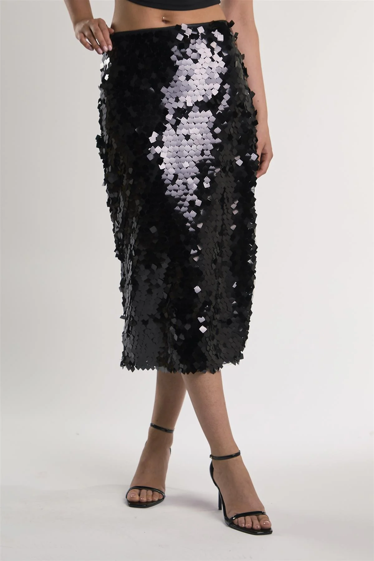 Black-Square-Sequin High-Waisted Midi-Skirt - Image 3