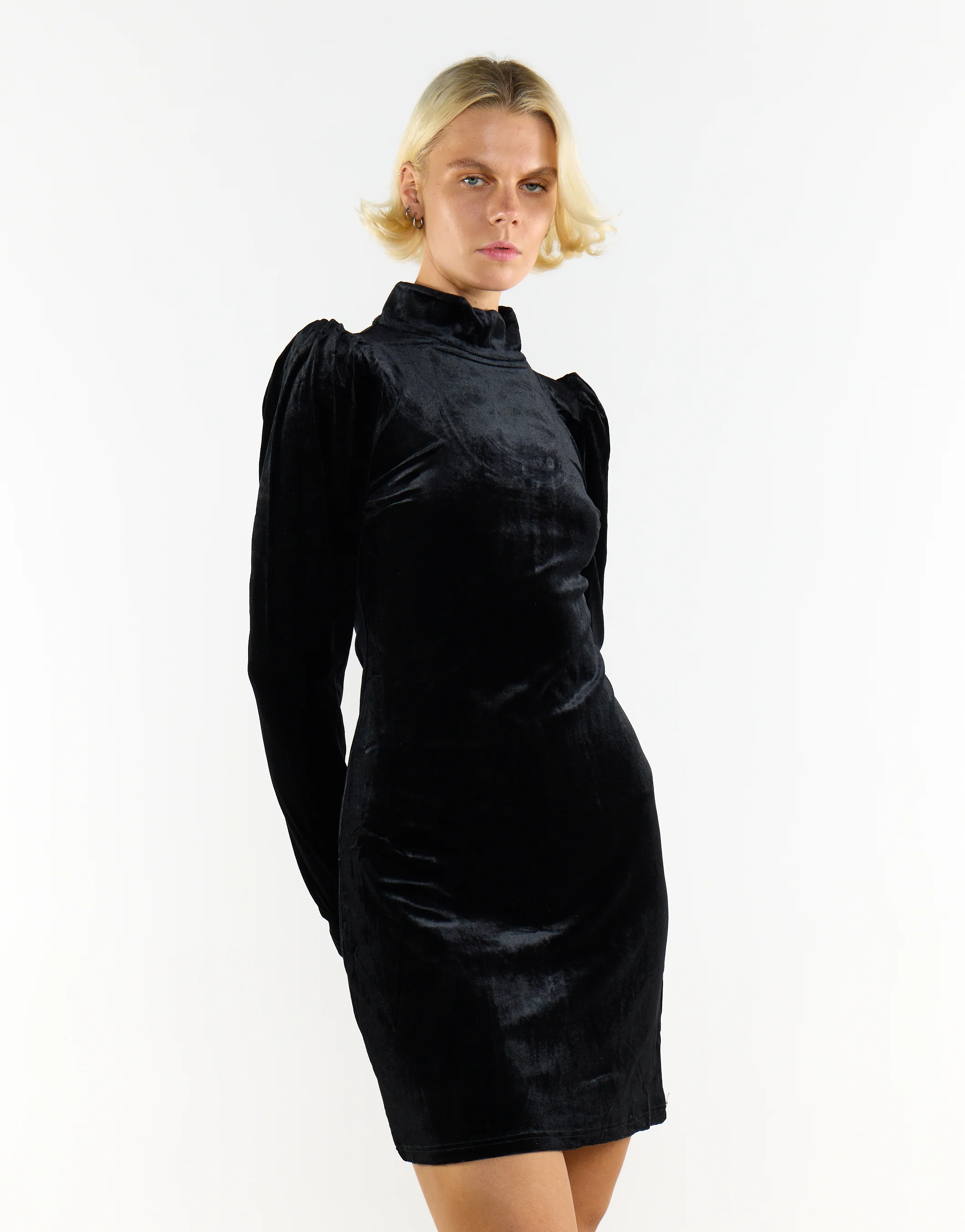 Black Velvet Plunging Neck Bodysuit with Puff Sleeves - Image 3
