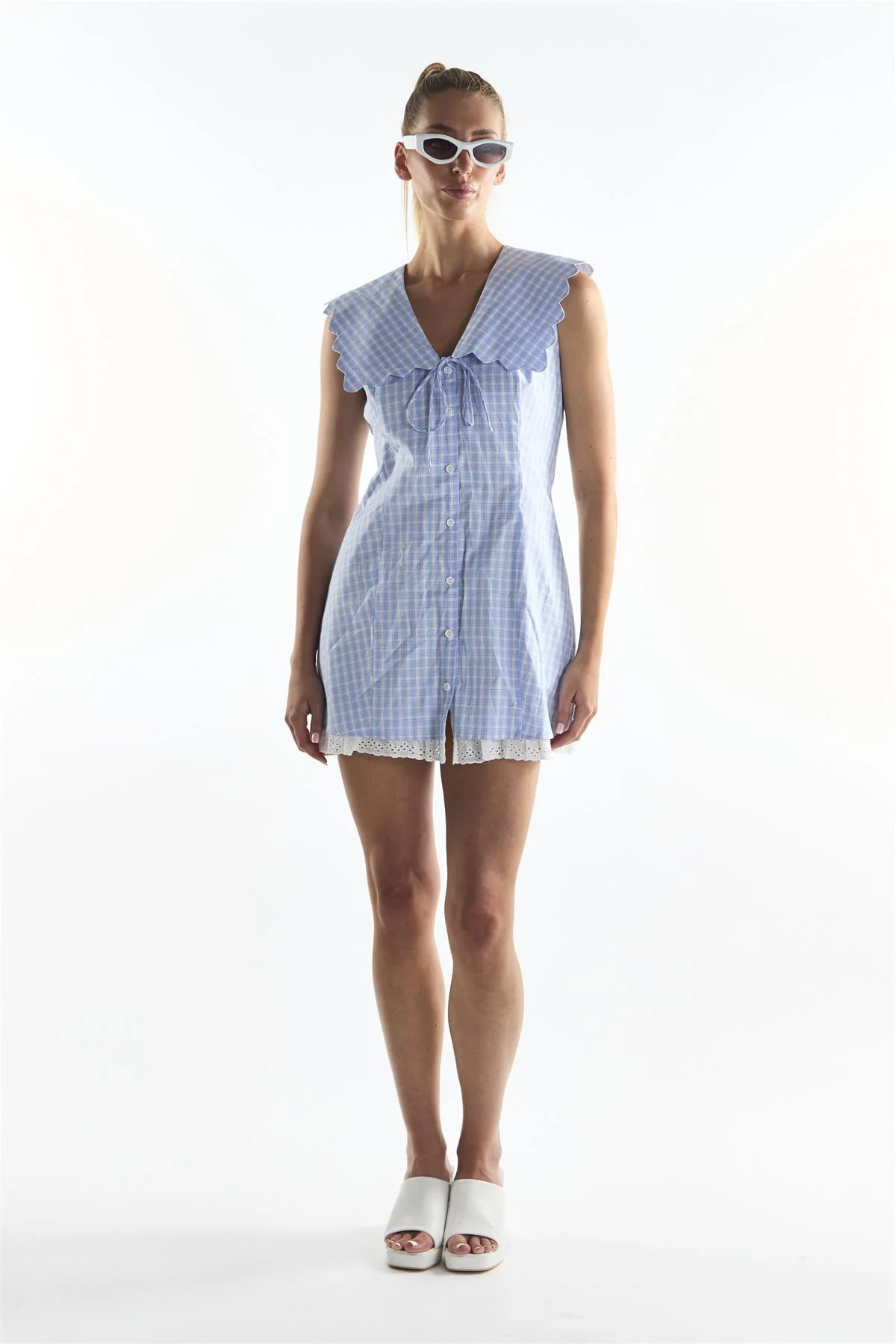 Blue Grid Check Button Front Mini Dress - Image 4