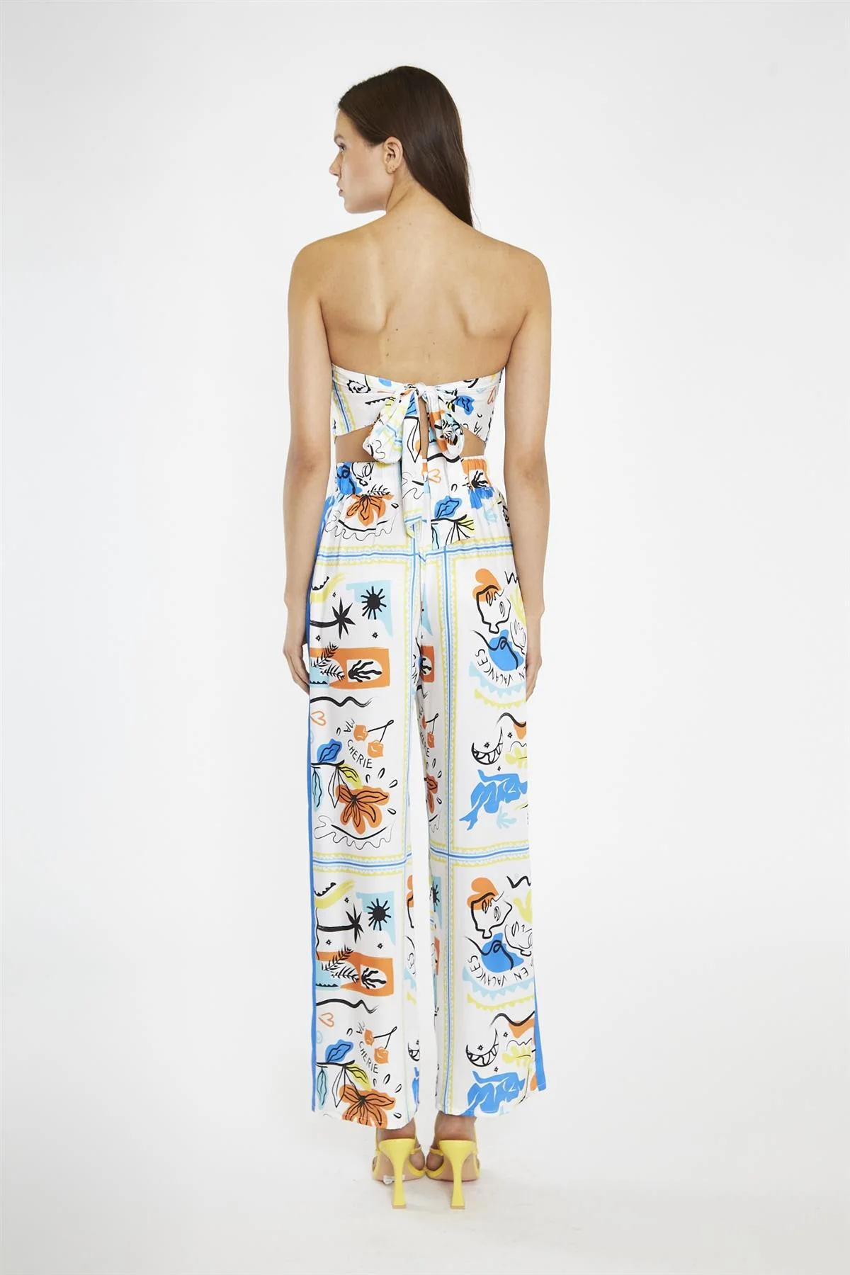 Blue Scarf-Print Contrast Stripe Wide-Leg-Trousers - Image 2