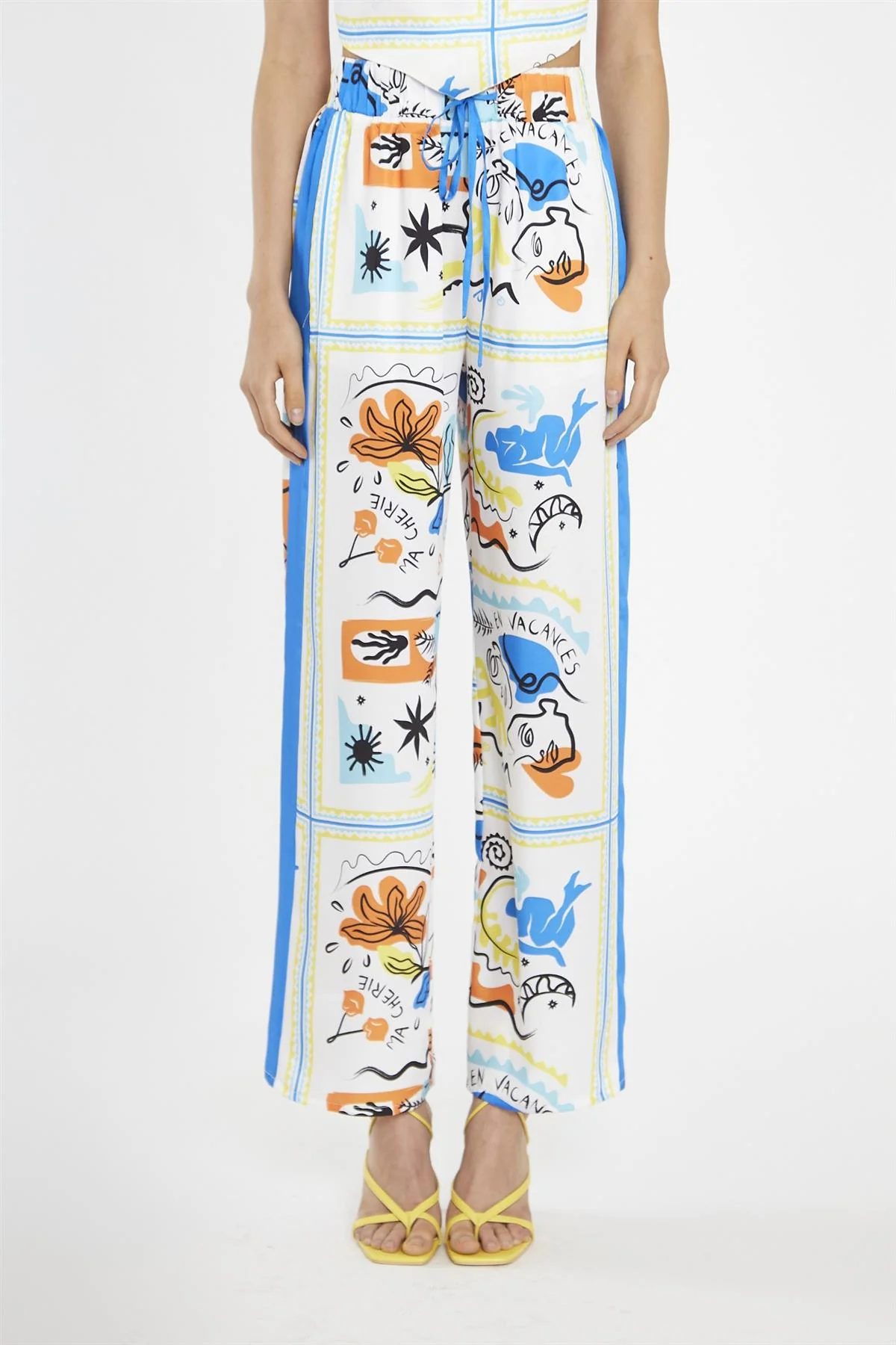 Blue Scarf-Print Contrast Stripe Wide-Leg-Trousers - Image 3