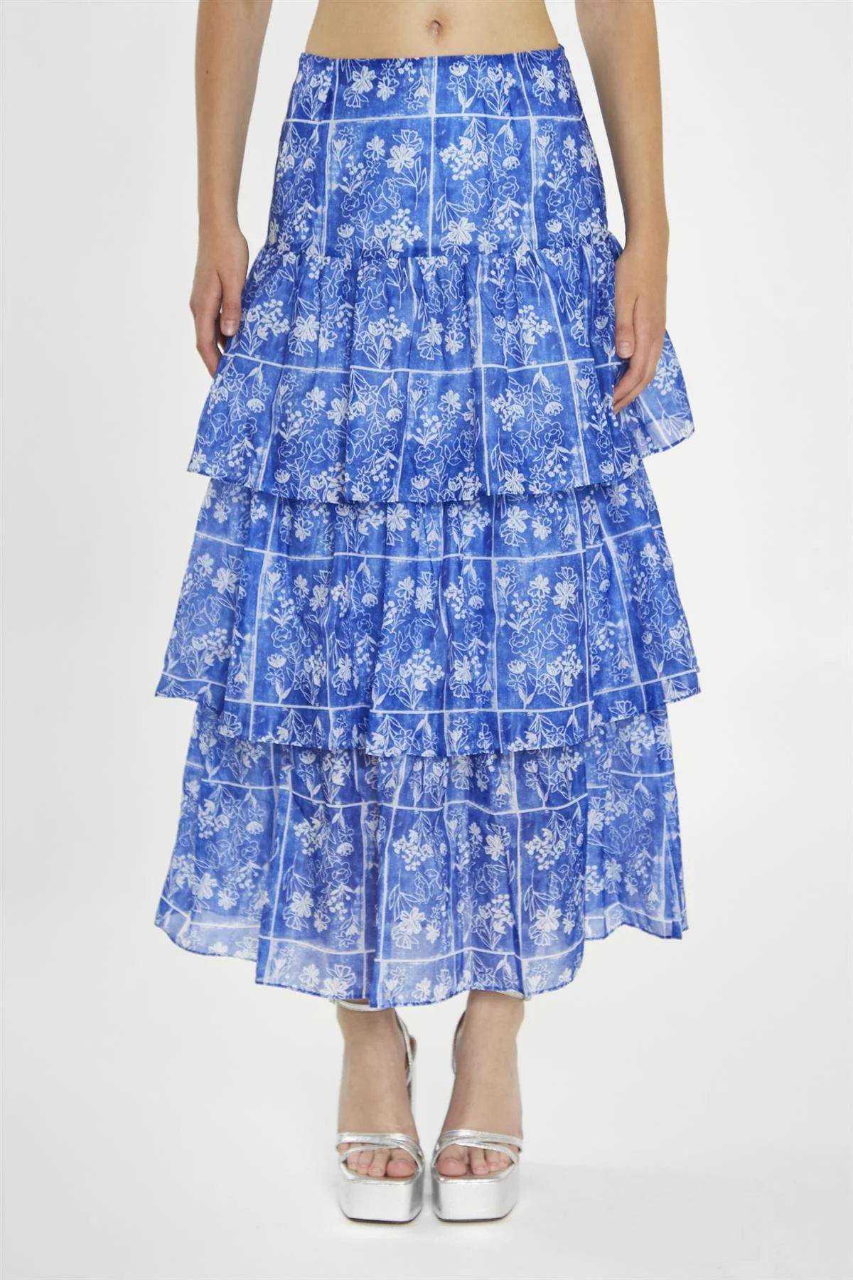 Blue-Tile Organza Tiered Ruffle Midaxi-Skirt - Image 3