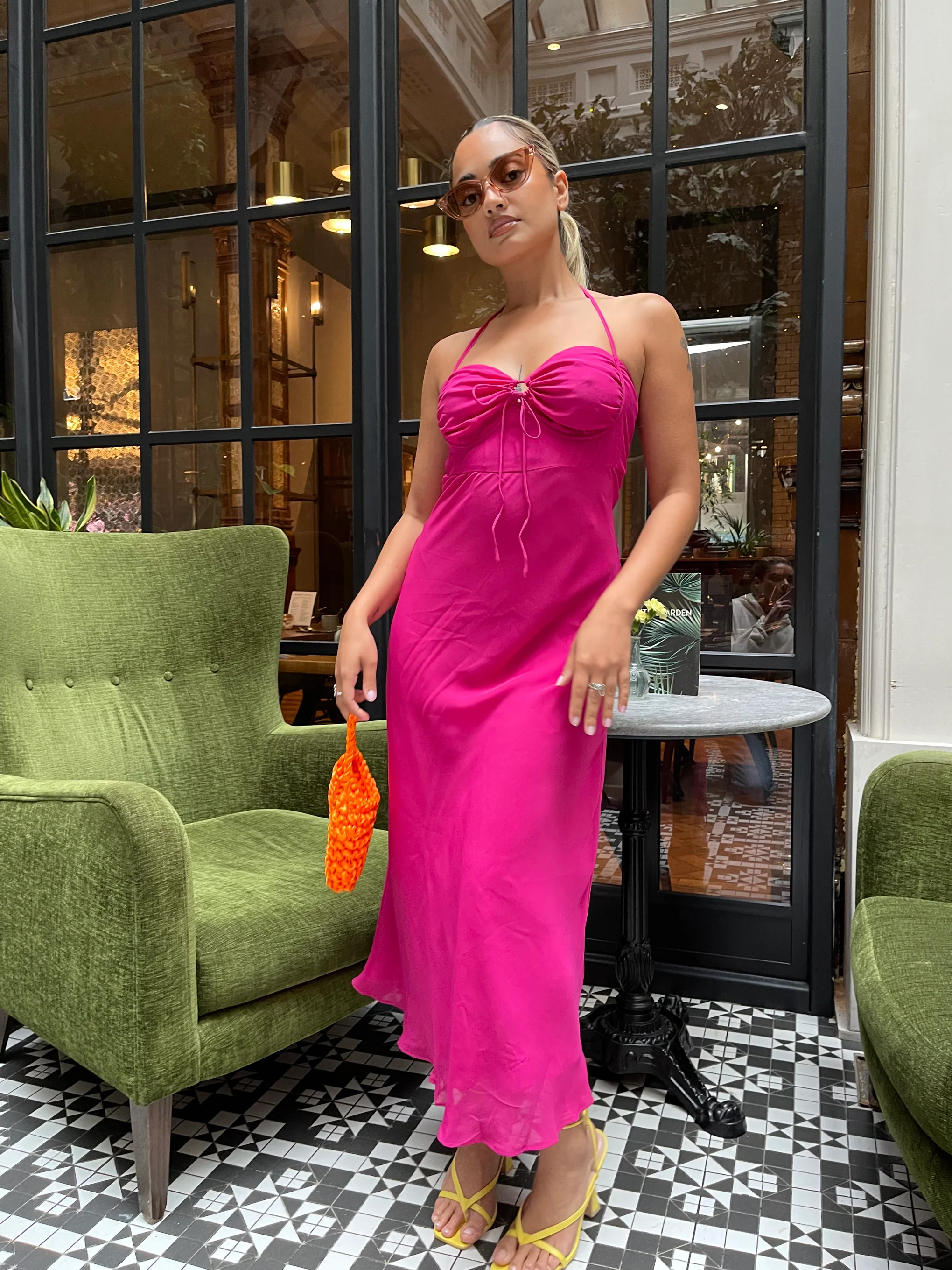 Bright-Pink Gathered-Bust Halterneck Midaxi-Dress - Image 2