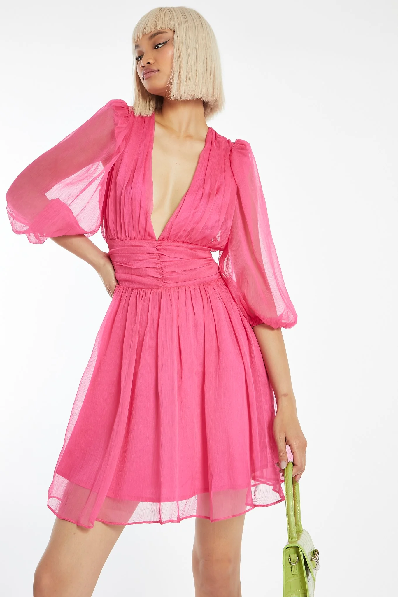 Bright-Pink Gathered Plunge Puff Sleeve Mini-Dress - Image 3