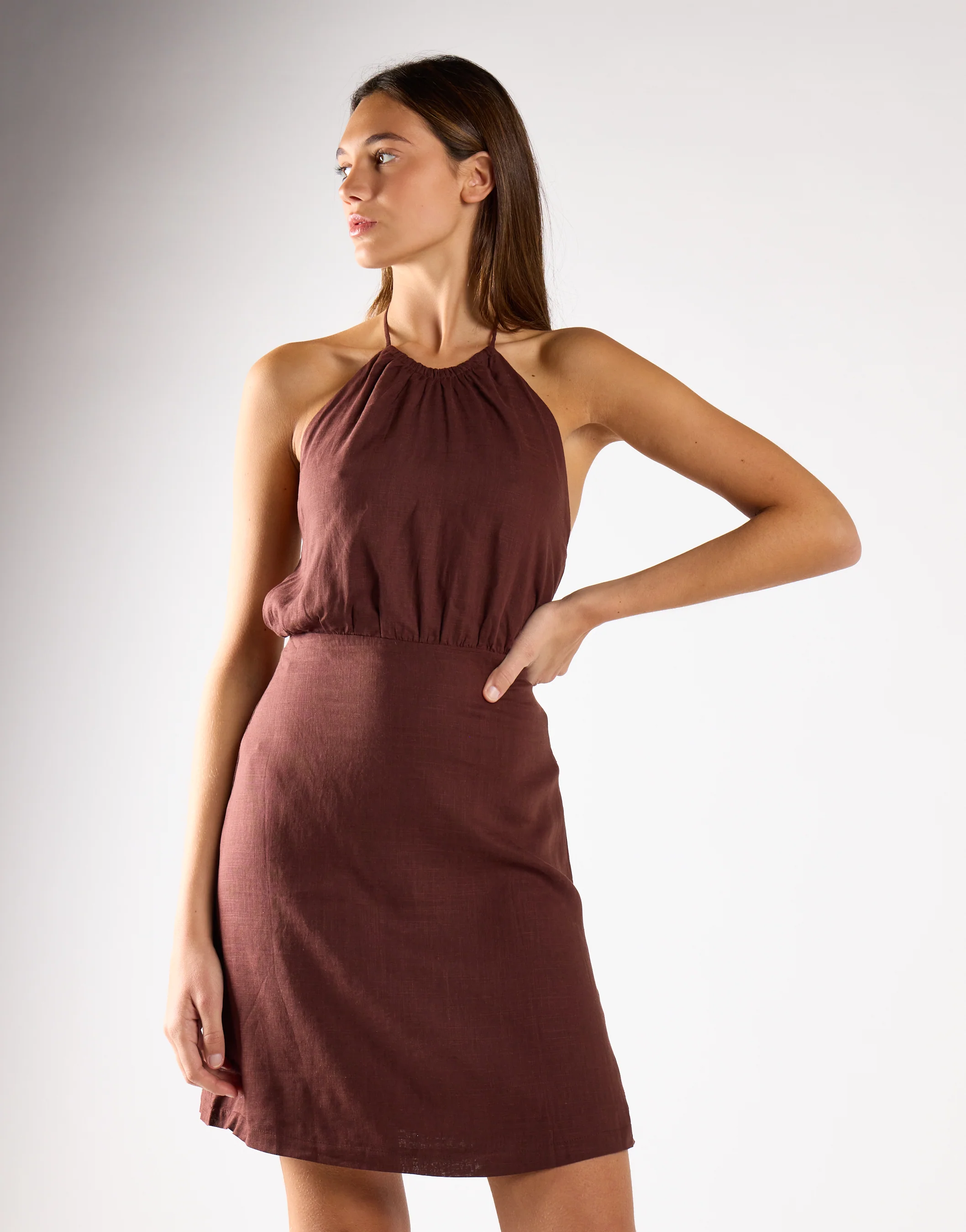 Brown-Linen Halterneck Mini Dress - Image 3