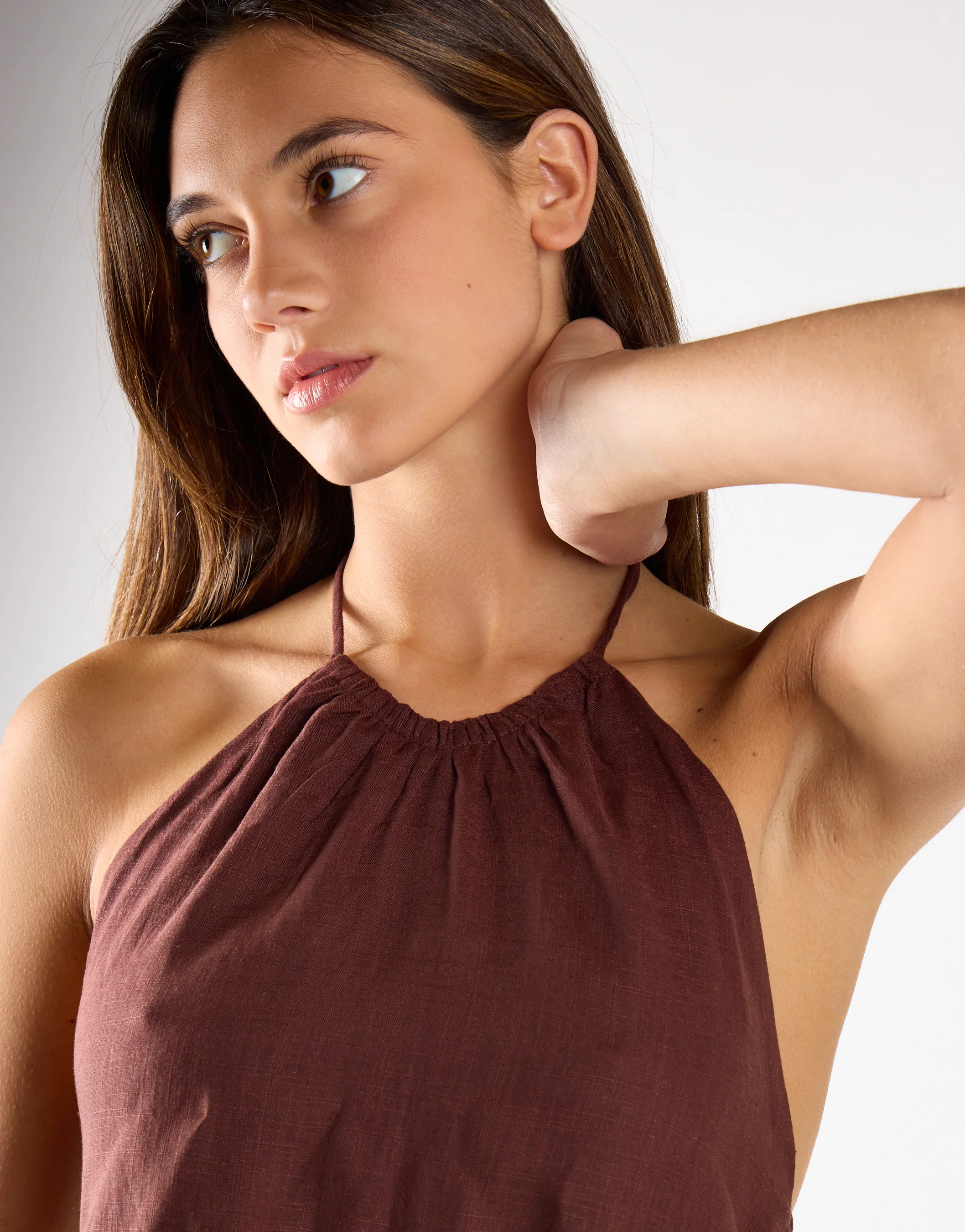Brown-Linen Halterneck Mini Dress - Image 4