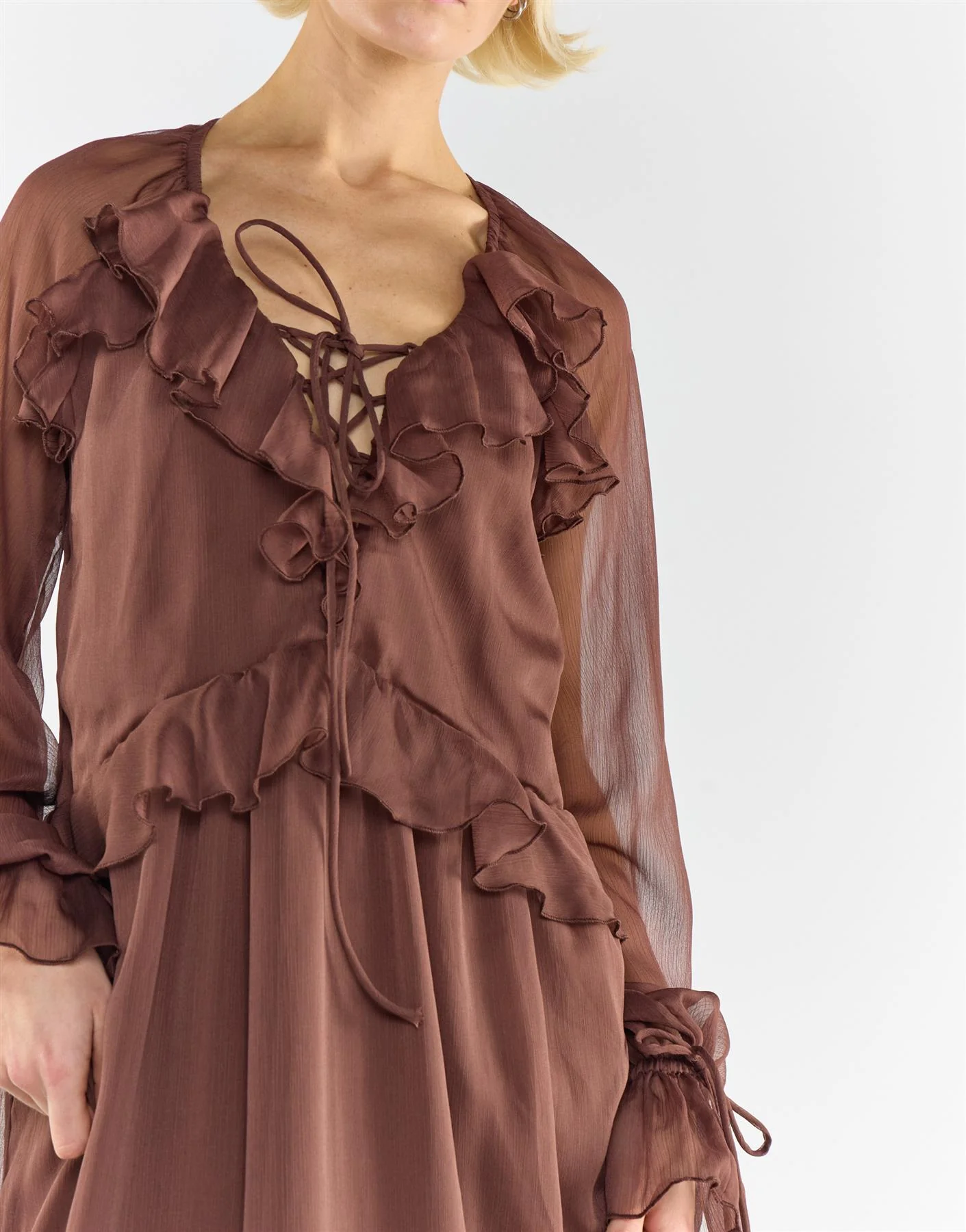 Brown Long Sleeve Ruffle Maxi Dress - Image 3