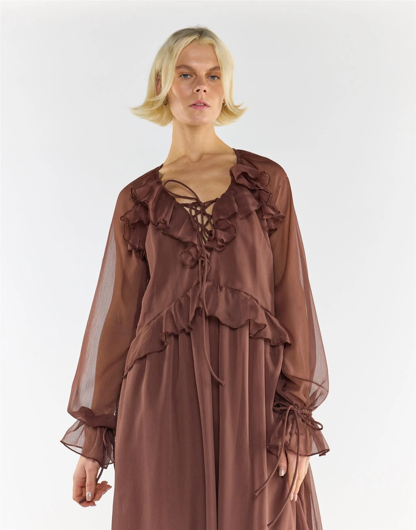 Brown Long Sleeve Ruffle Maxi Dress - Image 4