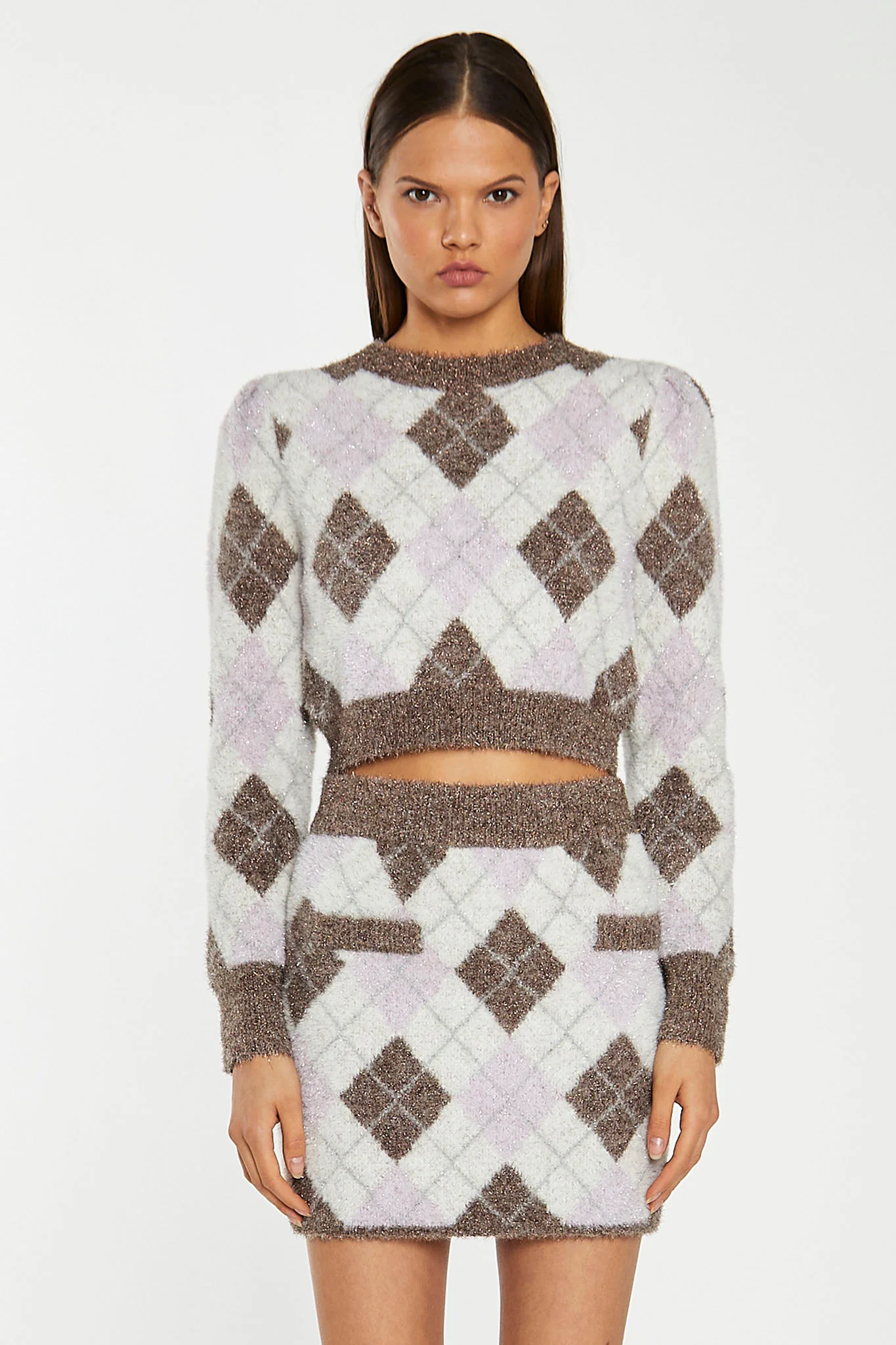 Brown Multi-Argyle Glitter Knit Mini-Skirt - Image 4