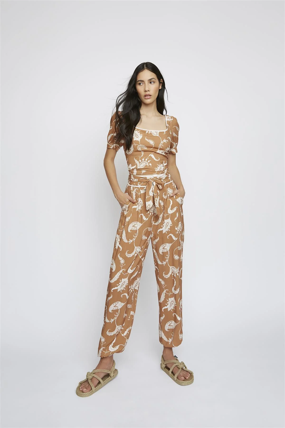 Brown-Paisley Tie-Back Crop-Top