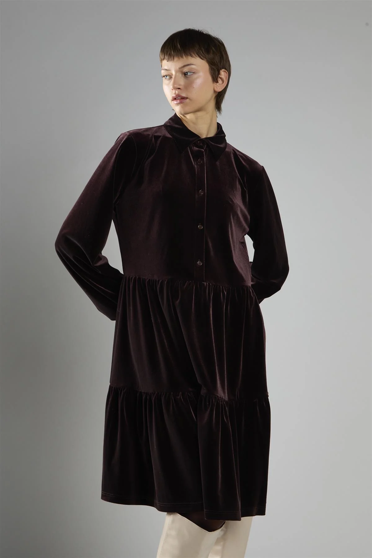 Brown Velvet A-Line Long Sleeve Midi Dress - Image 3