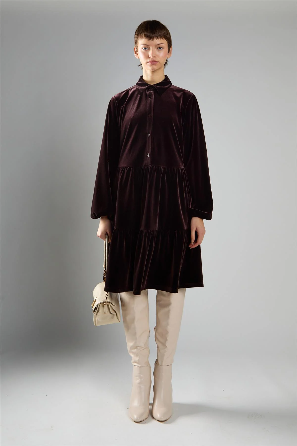 Brown Velvet A-Line Long Sleeve Midi Dress - Image 5