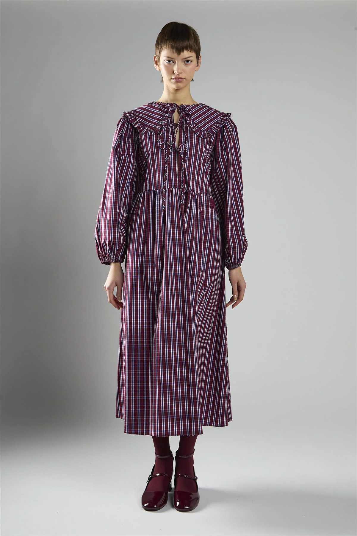 Burgundy & Navy Check Tie Front Midi Dress