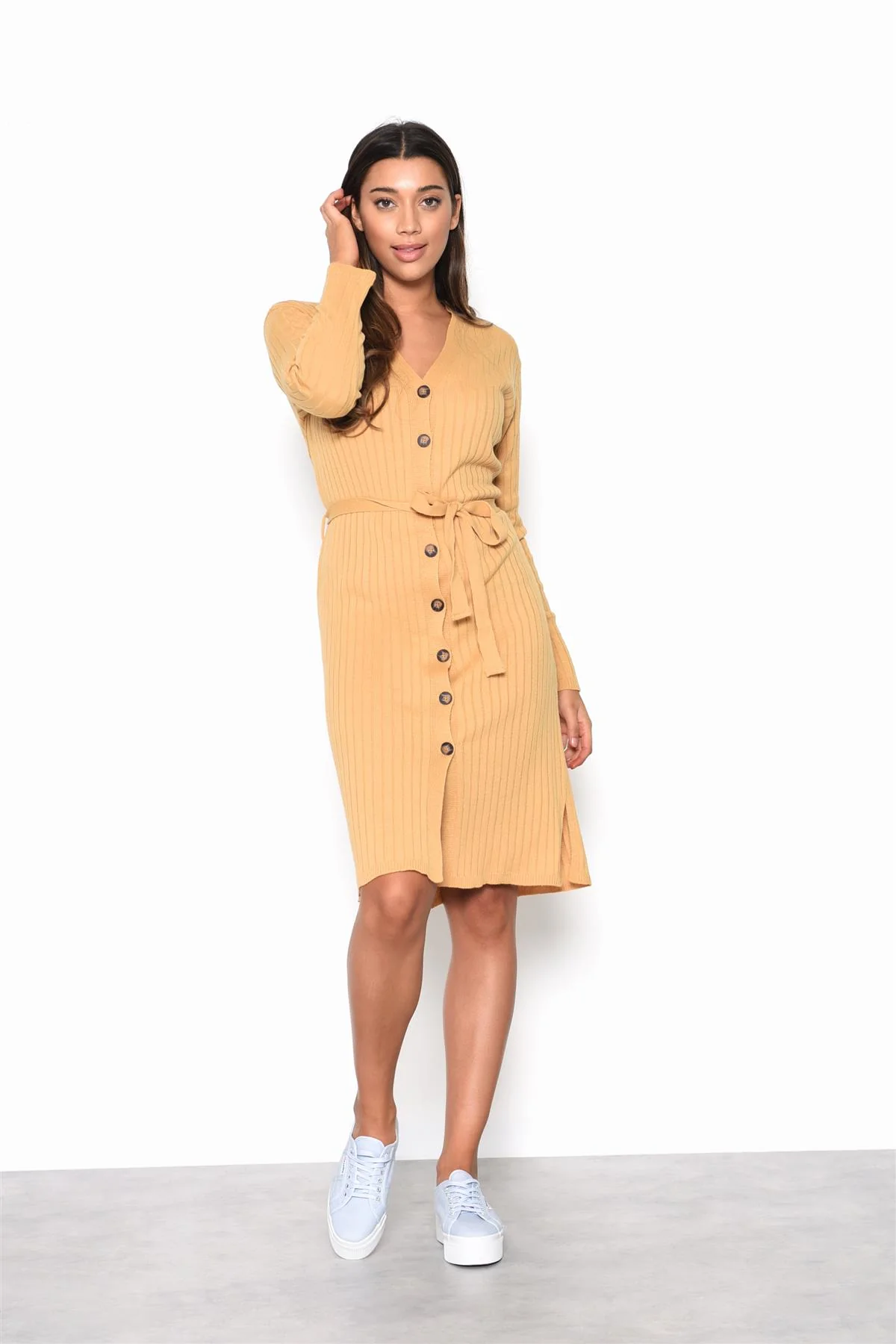 Camel Ribbed Tie Front Midi-Dress - Image 3