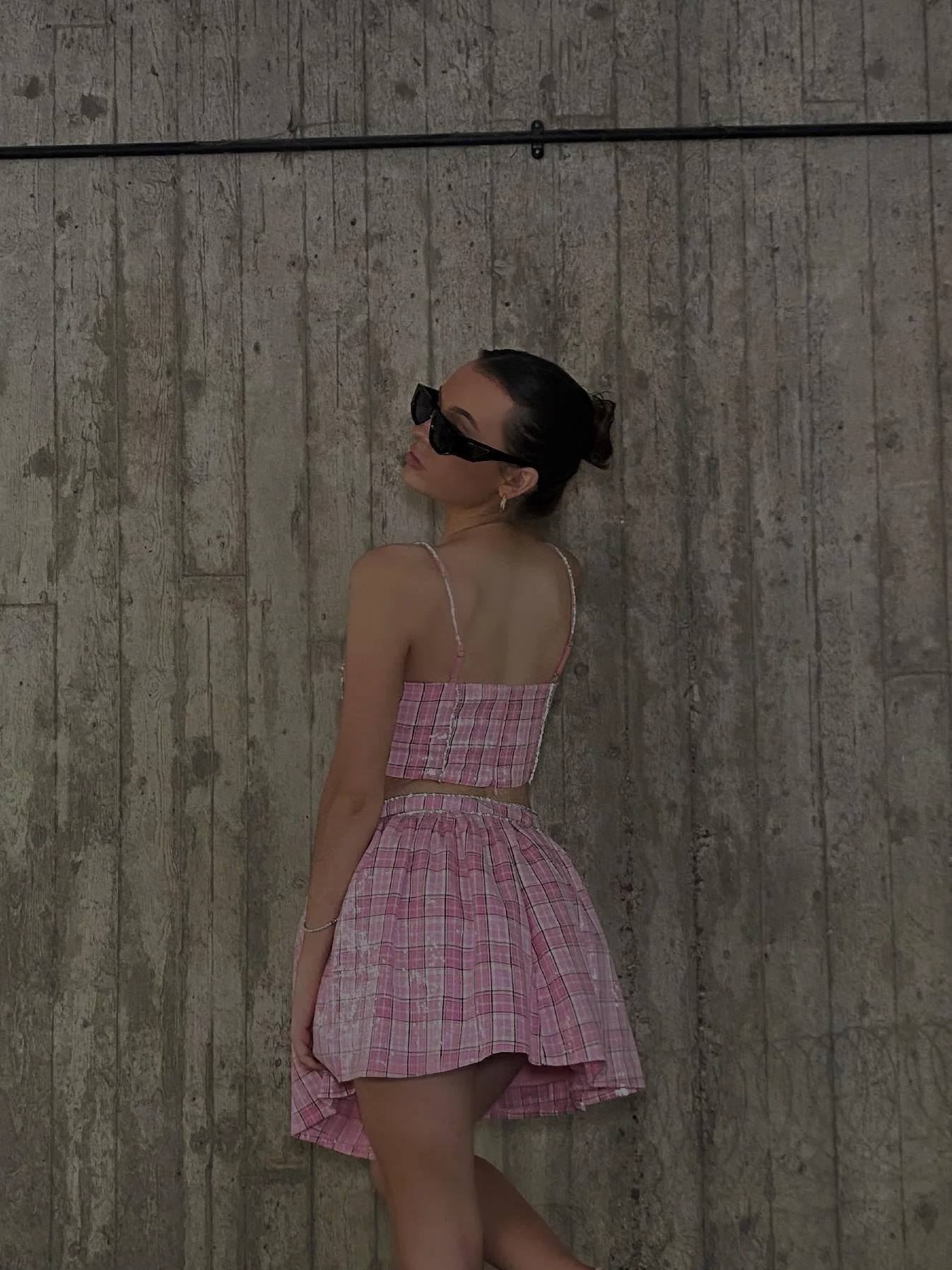 Cher Co-ord Diamante Trim Skater Mini Skirt - Pink Check Sequin - Image 6