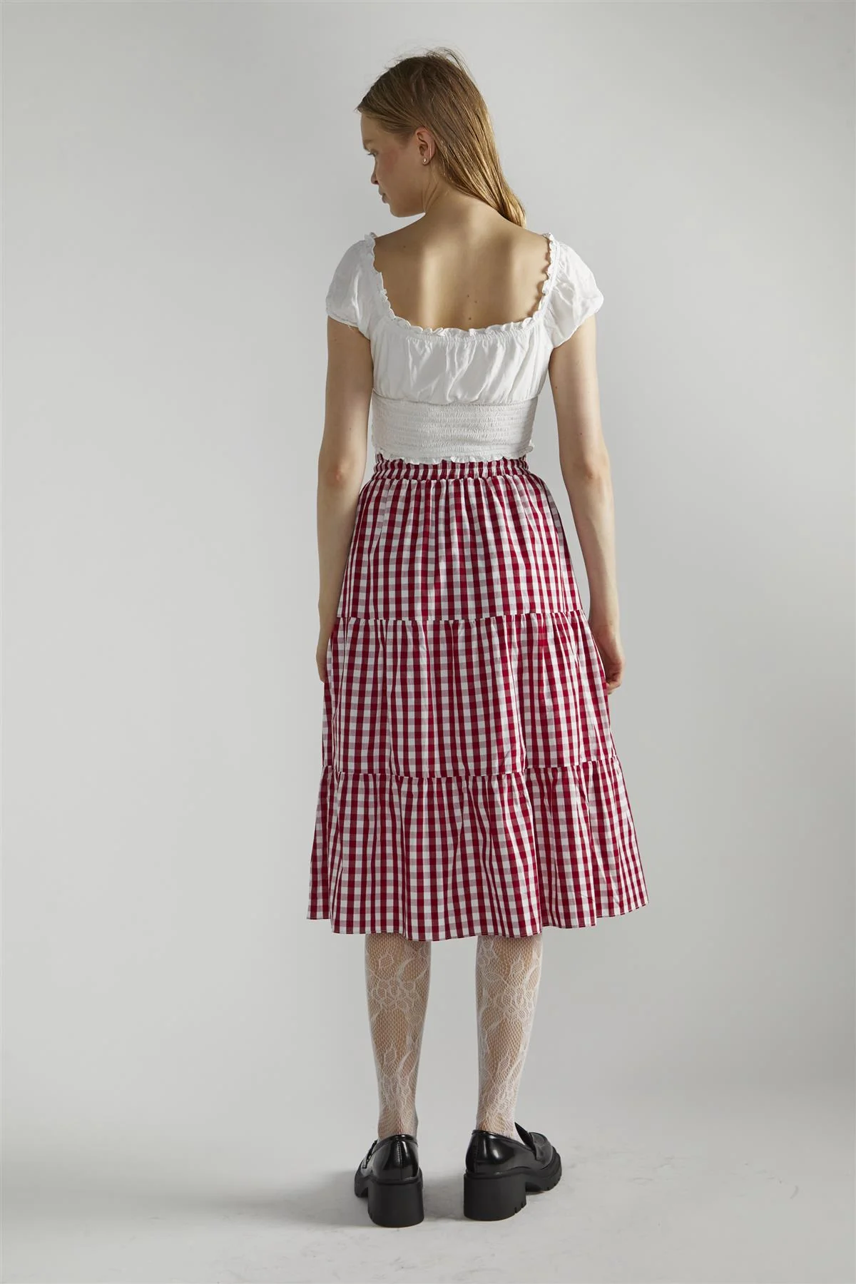 Cherry Red Gingham Pleated Midi-Skirt - Image 2