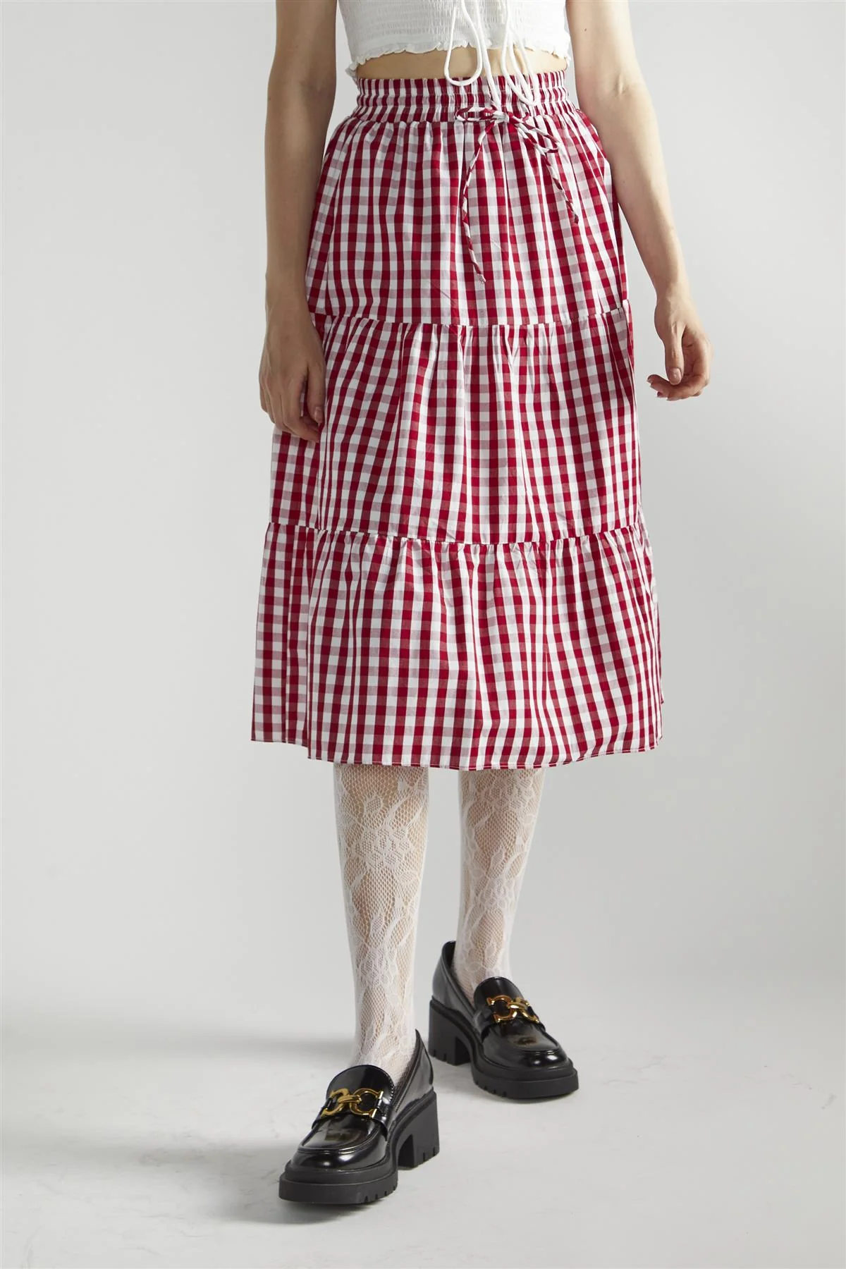 Cherry Red Gingham Pleated Midi-Skirt - Image 3