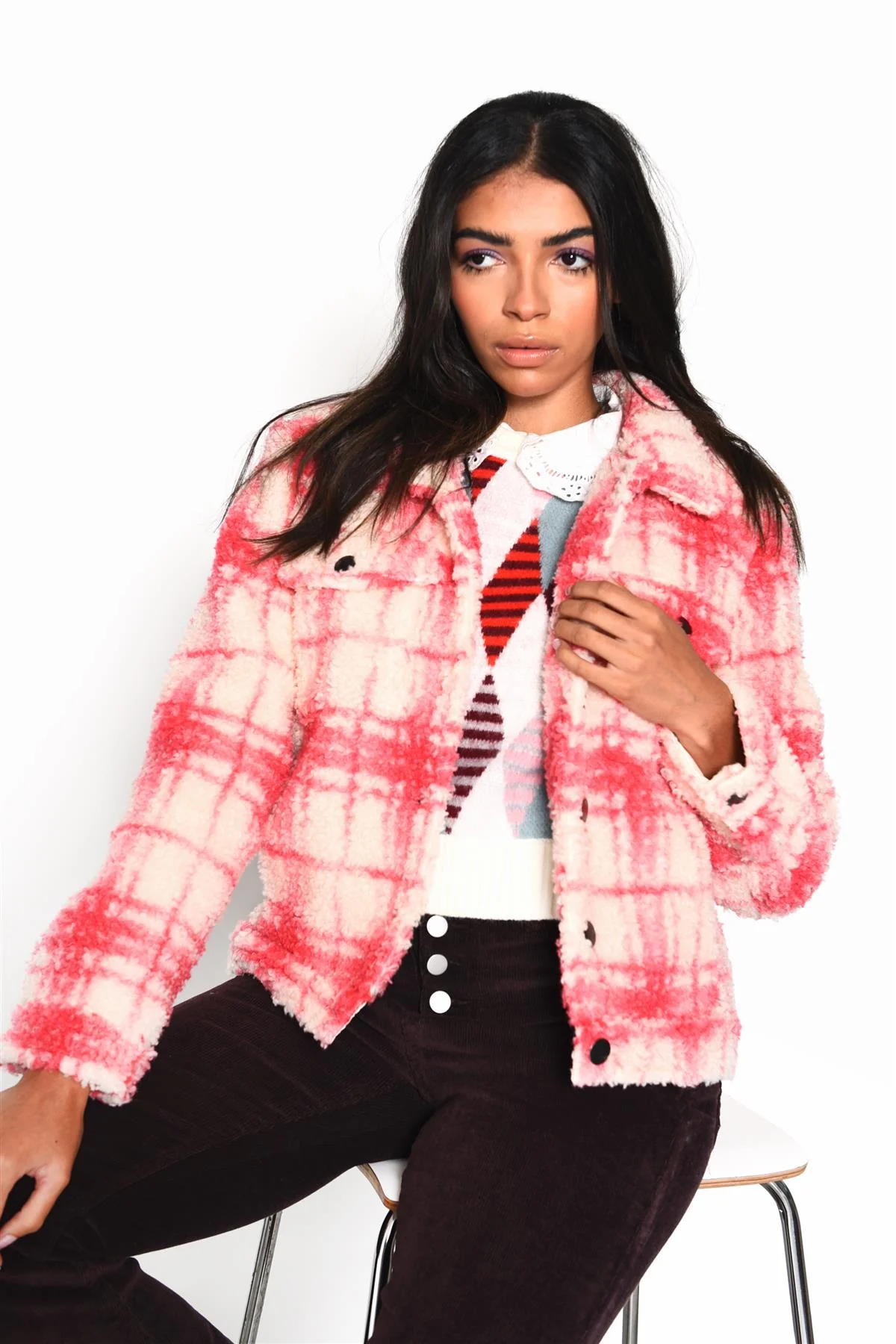 Cream Pink Check Button-Up Collared Jacket - Image 3