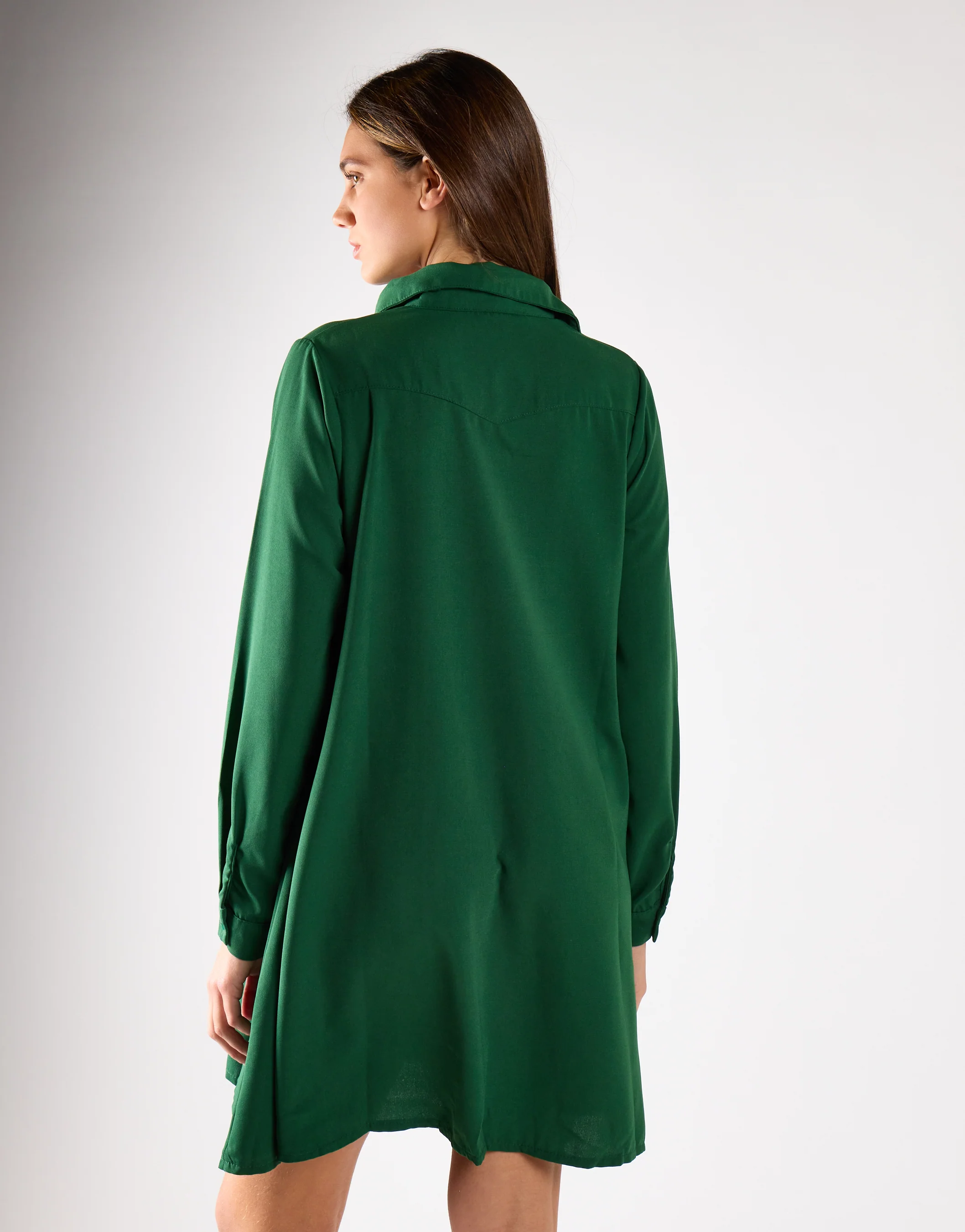 Dark-Green Long-Sleeve-Button-Front Mini Shirt Dress - Image 2