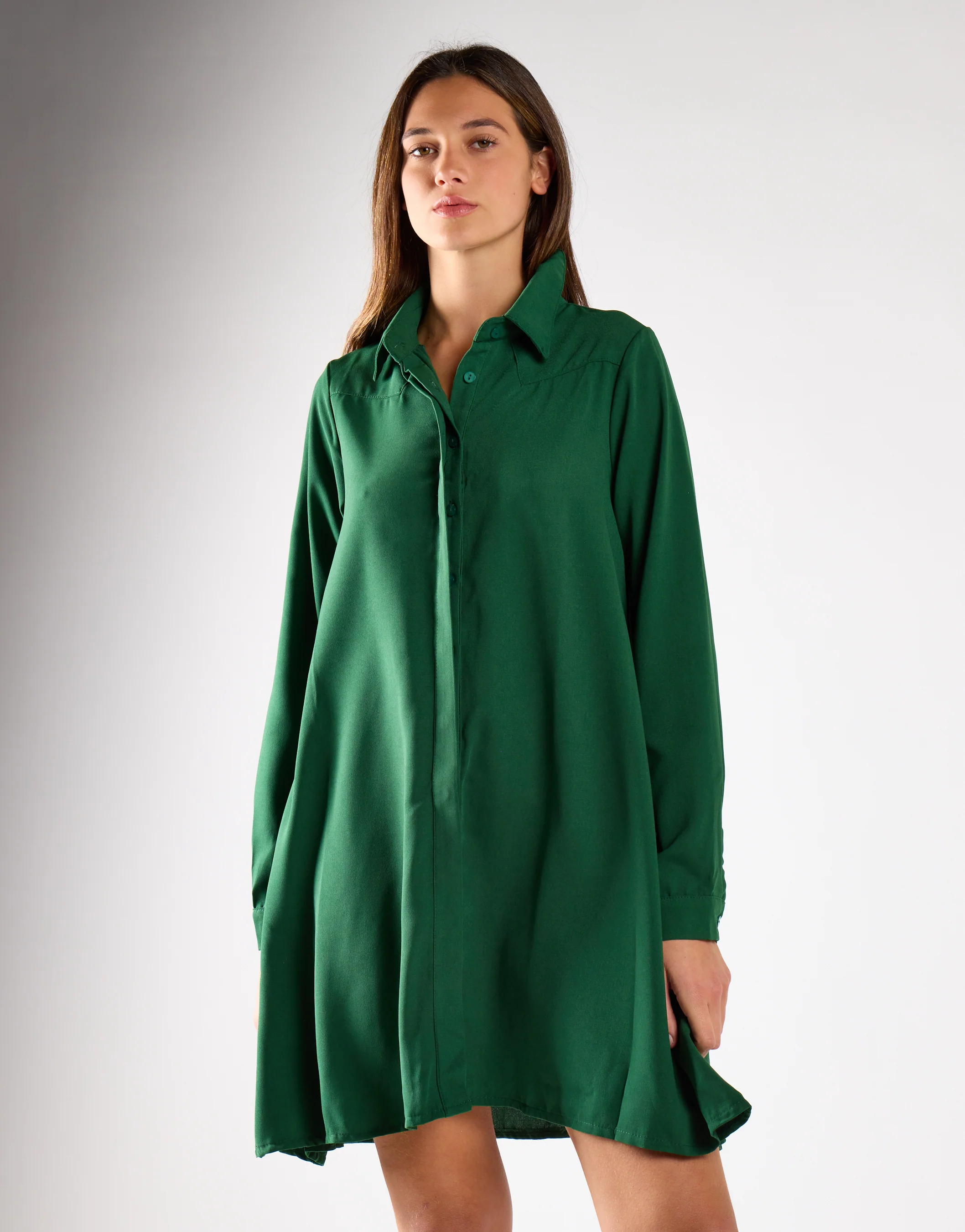 Dark-Green Long-Sleeve-Button-Front Mini Shirt Dress - Image 3