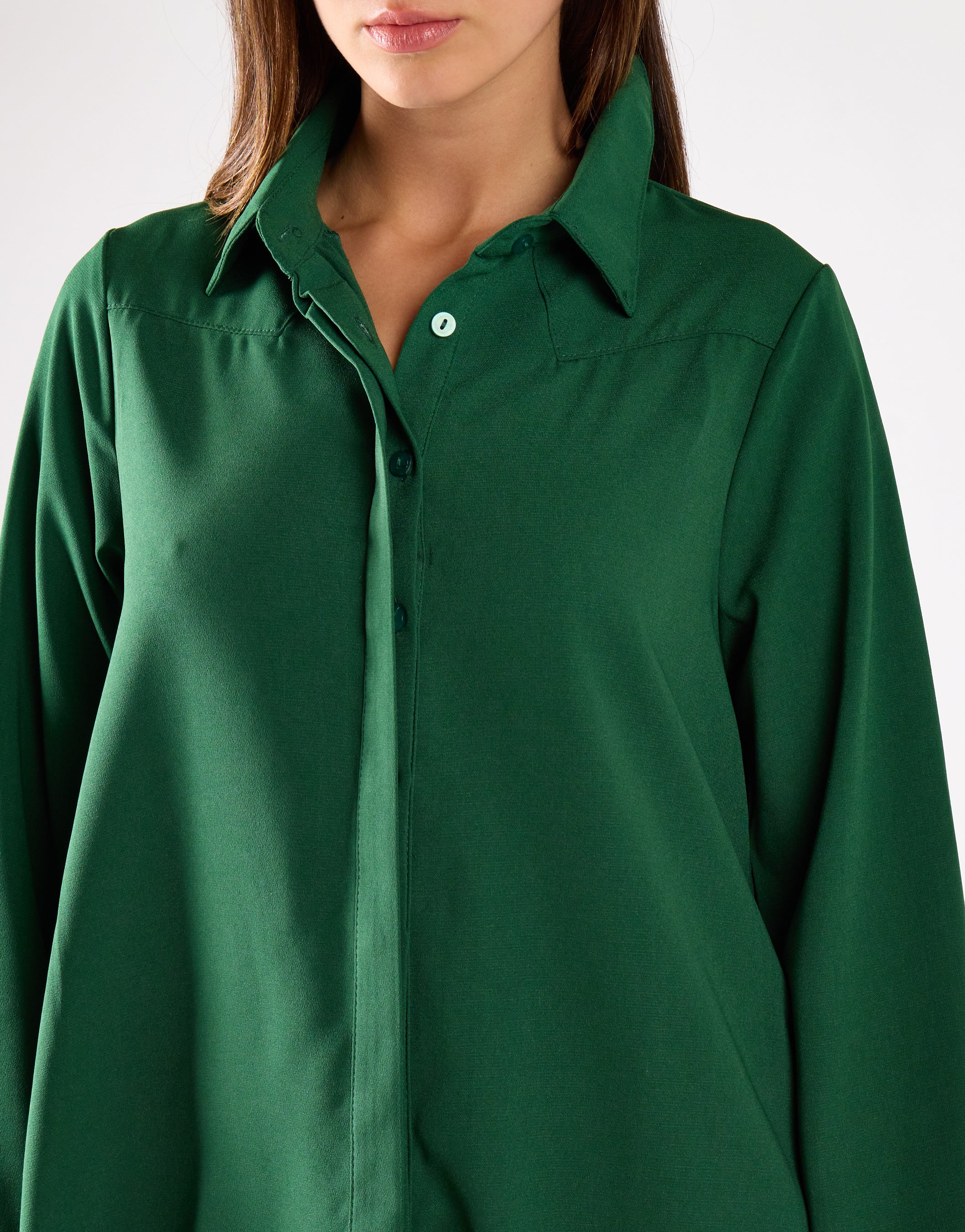 Dark-Green Long-Sleeve-Button-Front Mini Shirt Dress - Image 4