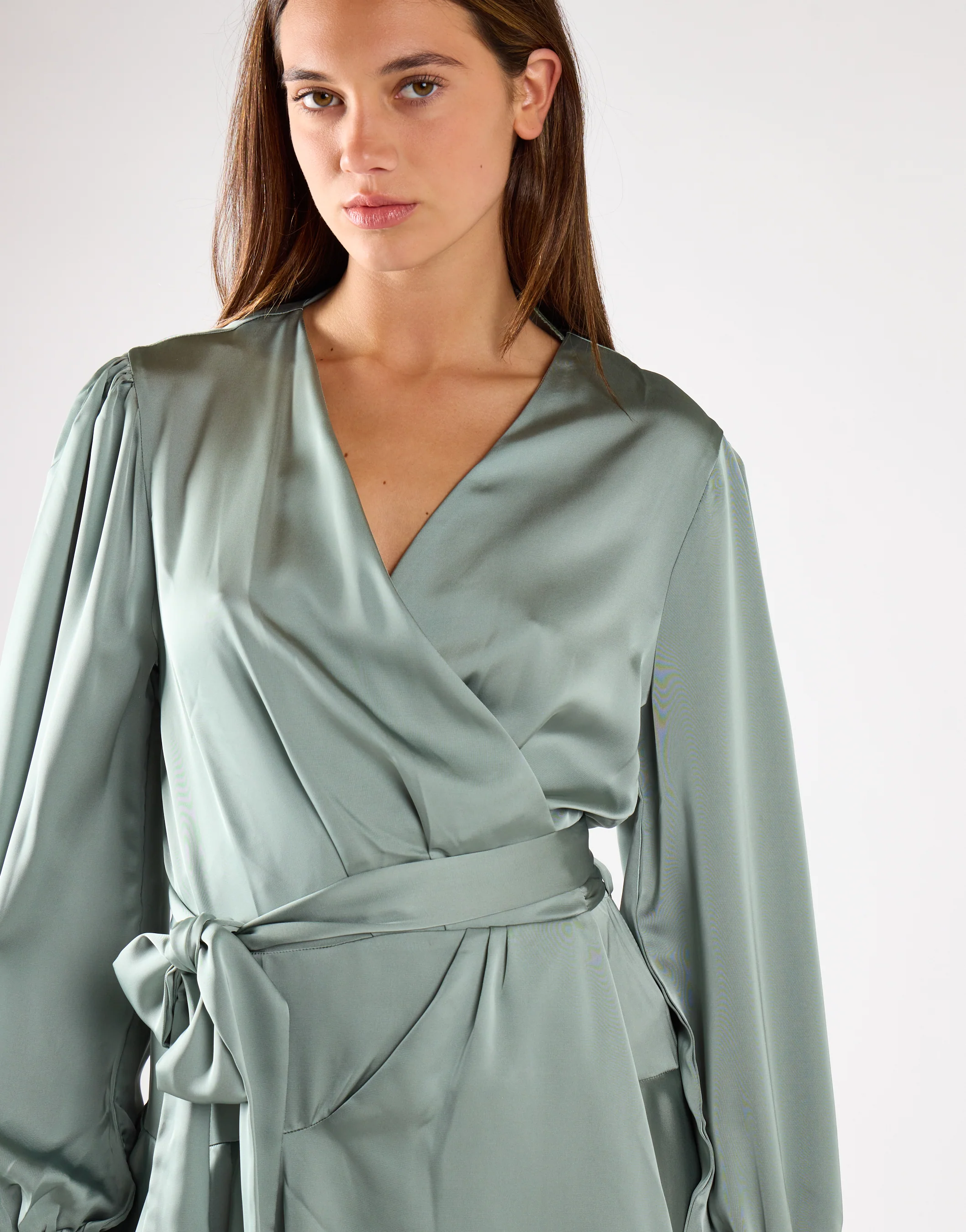 Dusty-Green Satin Wrap Mini-Dress - Image 4