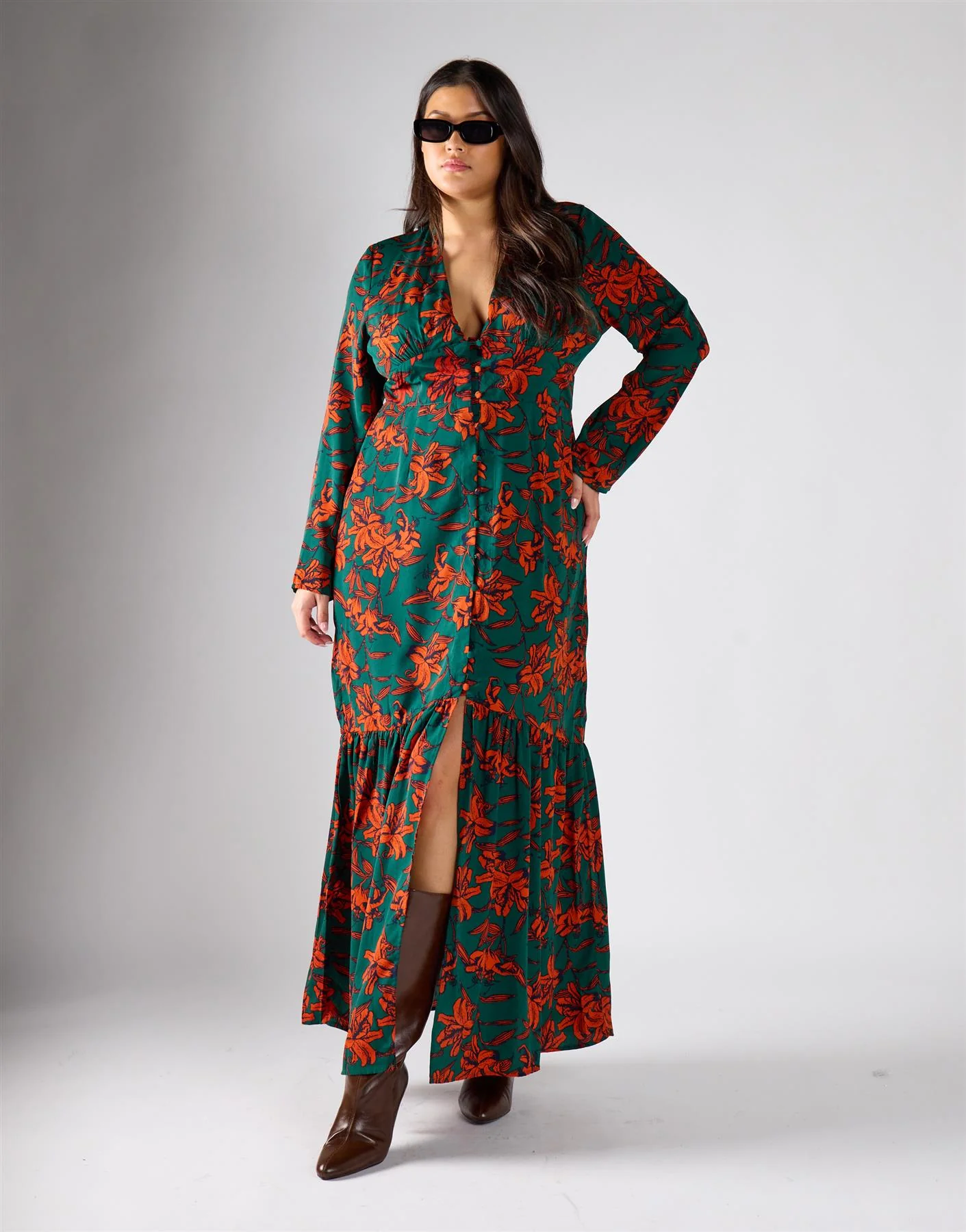 Glamorous Curve Green Rust Floral Multi Channel Maxi Dress - Image 2