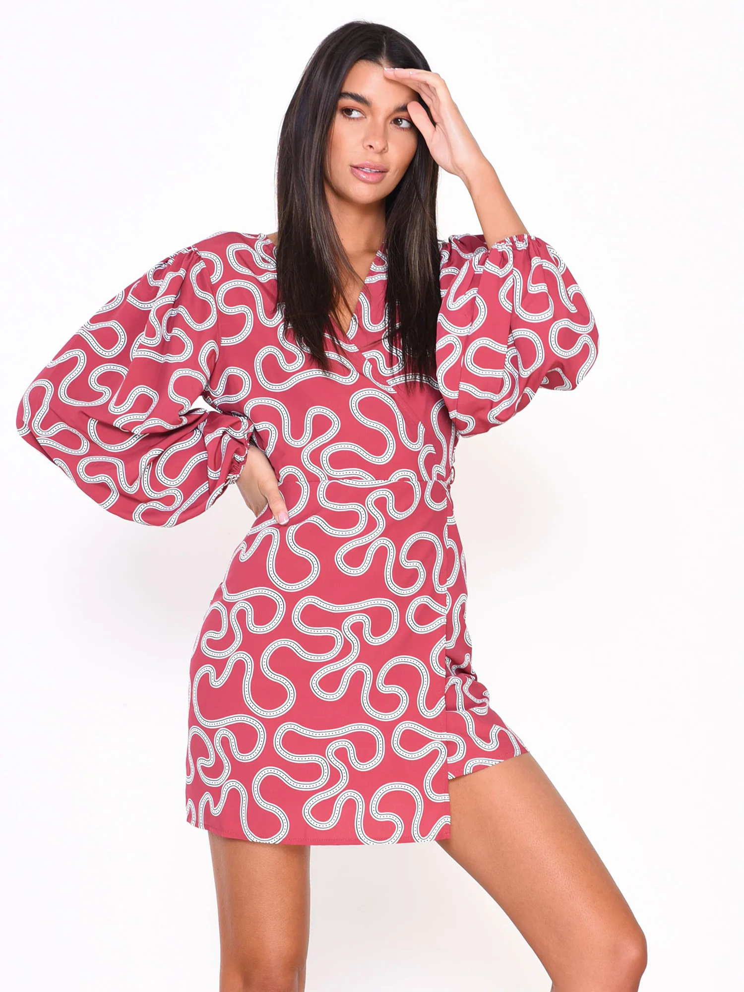 Glamorous Red Abstract Print Long Sleeve Wrap Mini Dress - Image 3