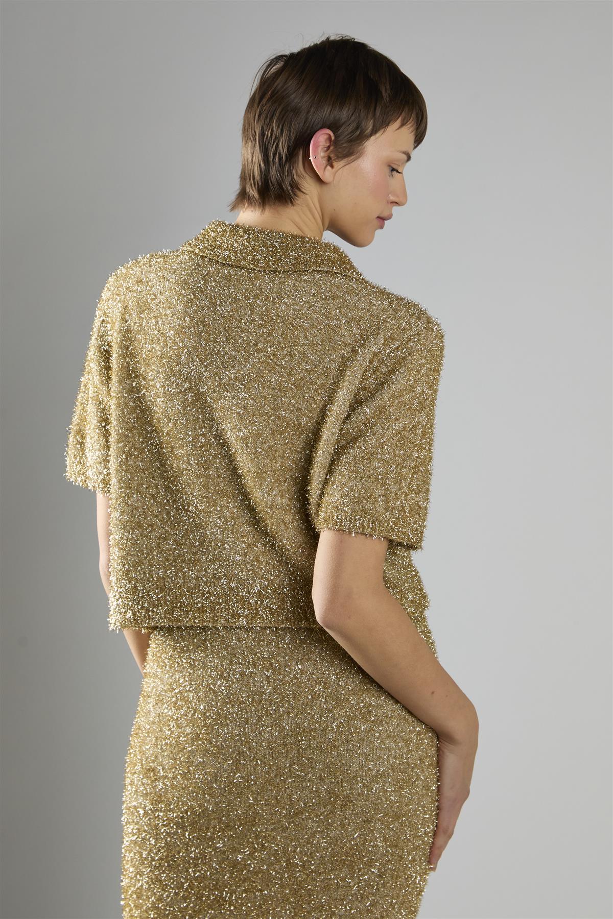 Gold Tinsel Button-Front Collar Short Sleeve Top - Image 2