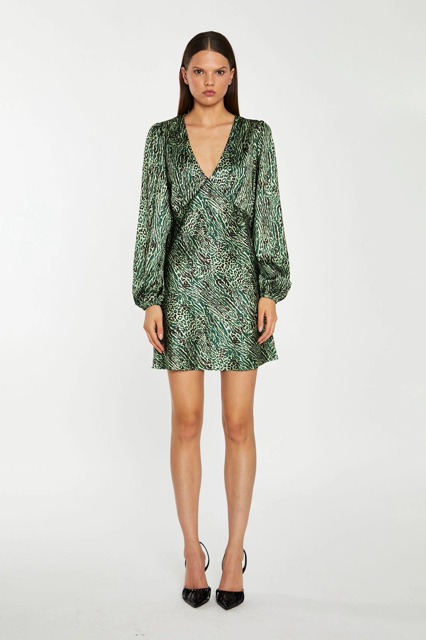 Green-Black Animal V-Neck Puff-Sleeve Mini-Dress