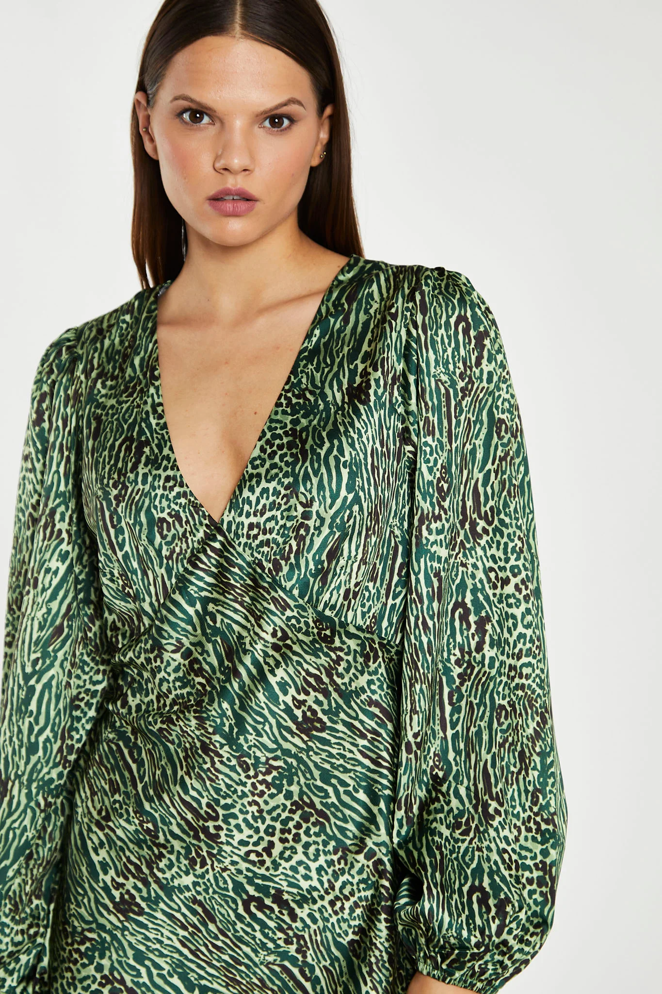 Green-Black Animal V-Neck Puff-Sleeve Mini-Dress - Image 3