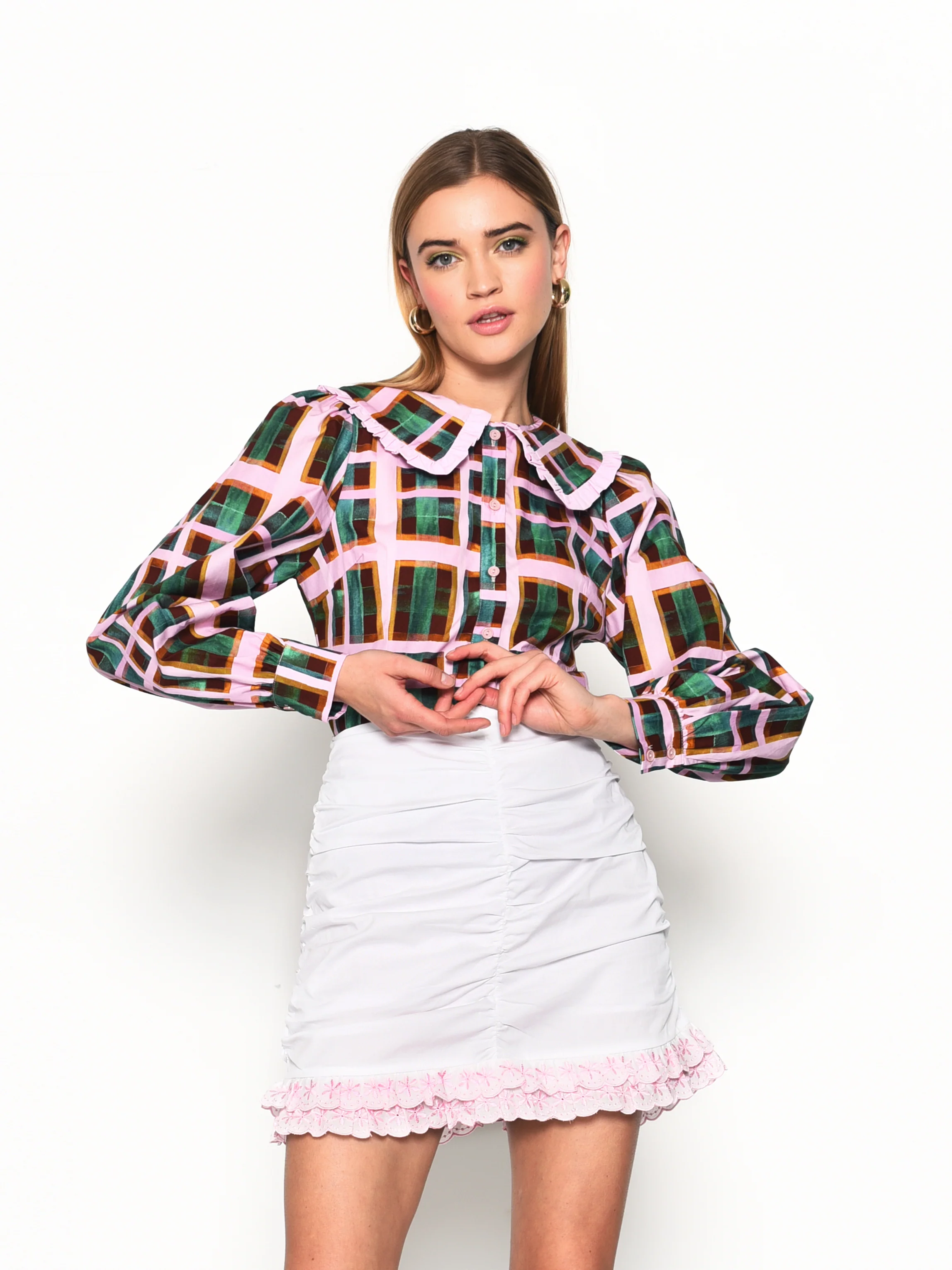 Glamorous Green Orchid Check Statement Collar Blouse